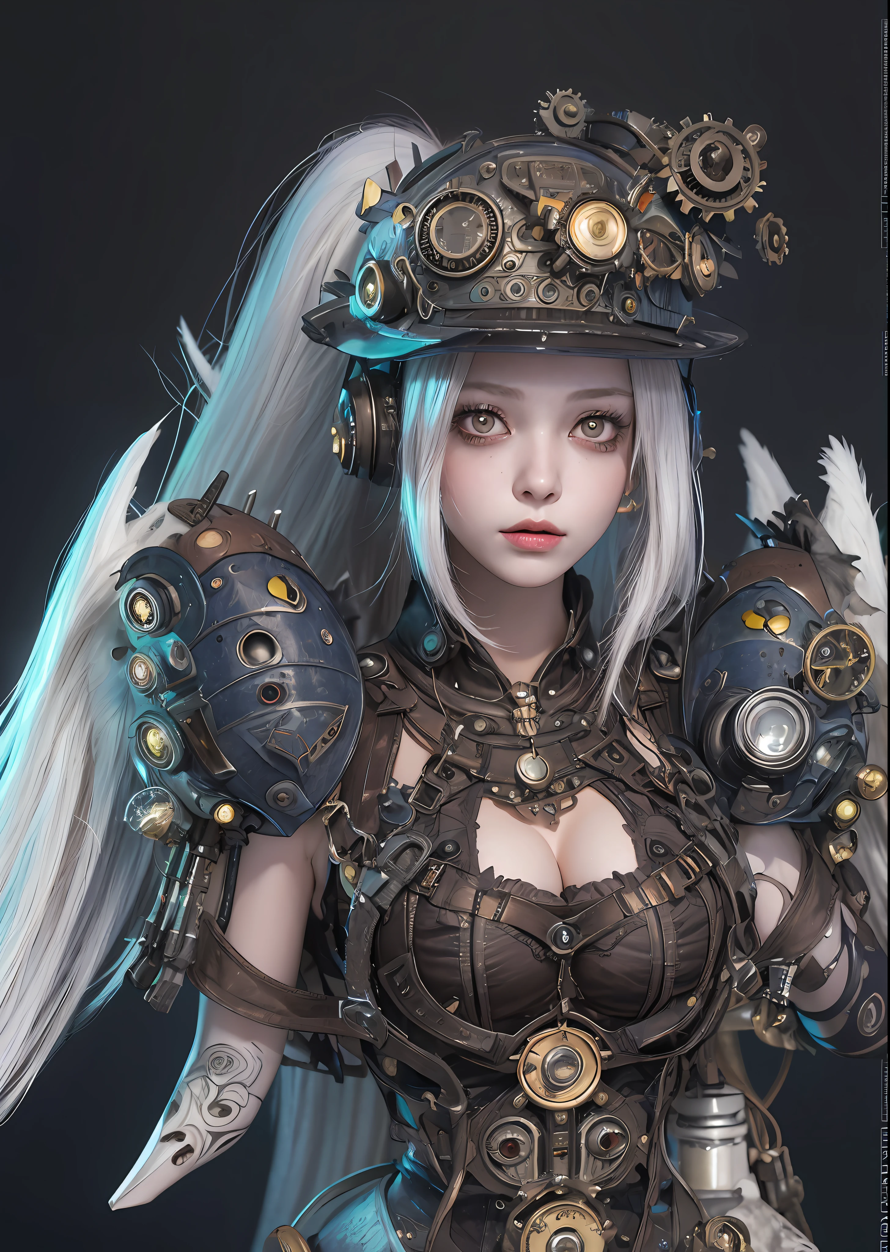 top-quality、masterpiece、超A high resolution、(Photorealsitic:1.4)、Raw photo、Steampunk Battle Cyborg Angel、large wings made of metal、White porcelain body、Acrylic Clear Cover、white hair、glowy skin、1 steampunk cyborg girl、((super realistic details))、portlate、globalillumination、Shadow、octan render、8K、ultrasharp、character edge light,Colossal tits、Raw skin is exposed in cleavage、Details of complex ornaments、Details of the steam engine、Hydraulic cylinder、Small LED lamp、highly intricate detail、Gothloli details、Realistic light、a purple eye、radiant eyes、Facing the camera、neon details、cowboy shot、Futuristic headgear、About steampunk、、