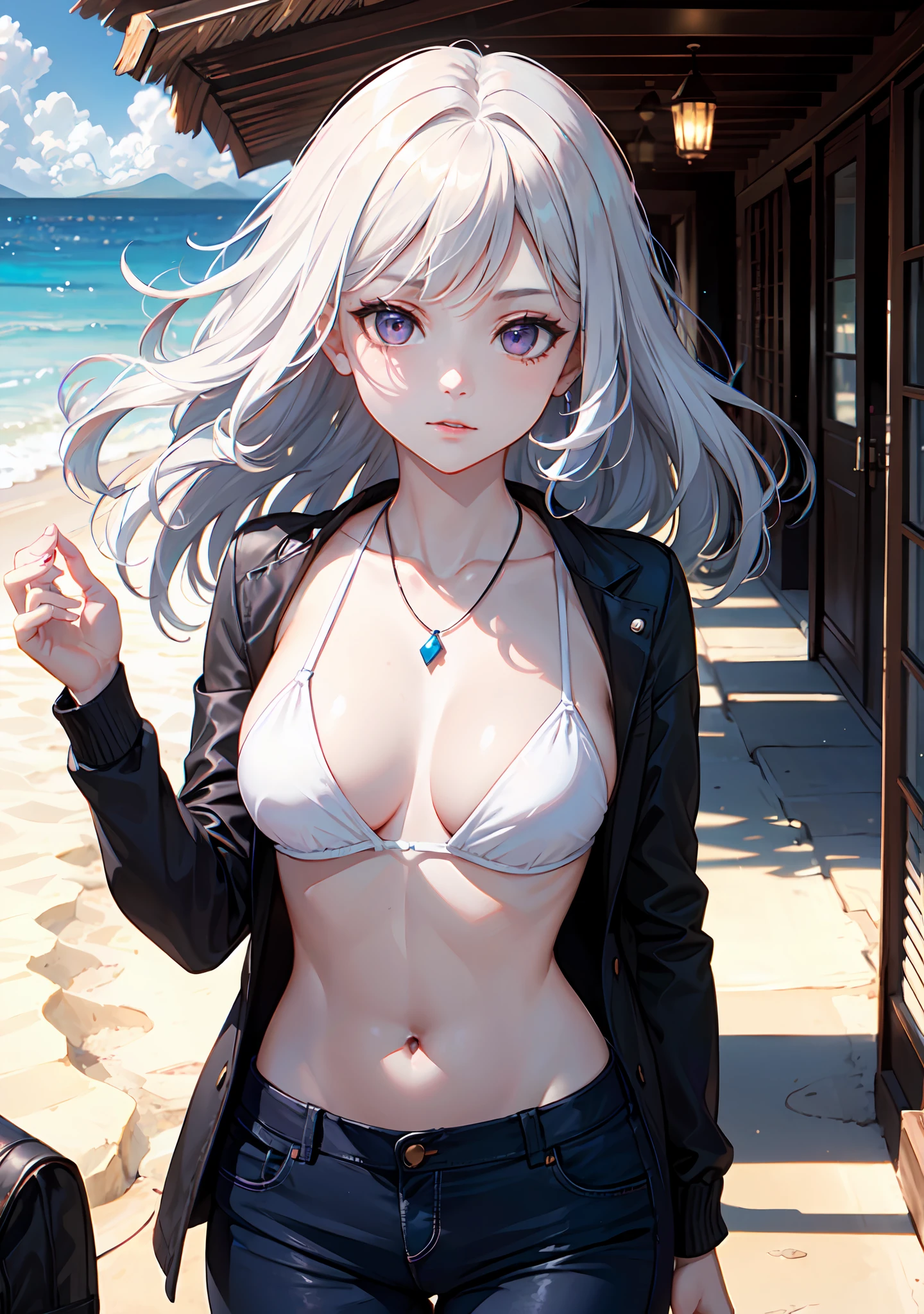 (masterpiece:1.2, best quality), (1lady, solo,(portrait shot)), Clothing: white bikini, strappy sandals, Accessories: shell necklace, Hair: loose beach waves, white hair, short wavy hair, Makeup: natural, glowing skin, Behavior: relaxed, carefree, free-spirited, Location: beach, resort, outdoor festival, purple eyes, average breasts, (beautiful detailed face, beautiful detailed eyes), (sunbeam, sunlight, rose, wind), dishwasher1910