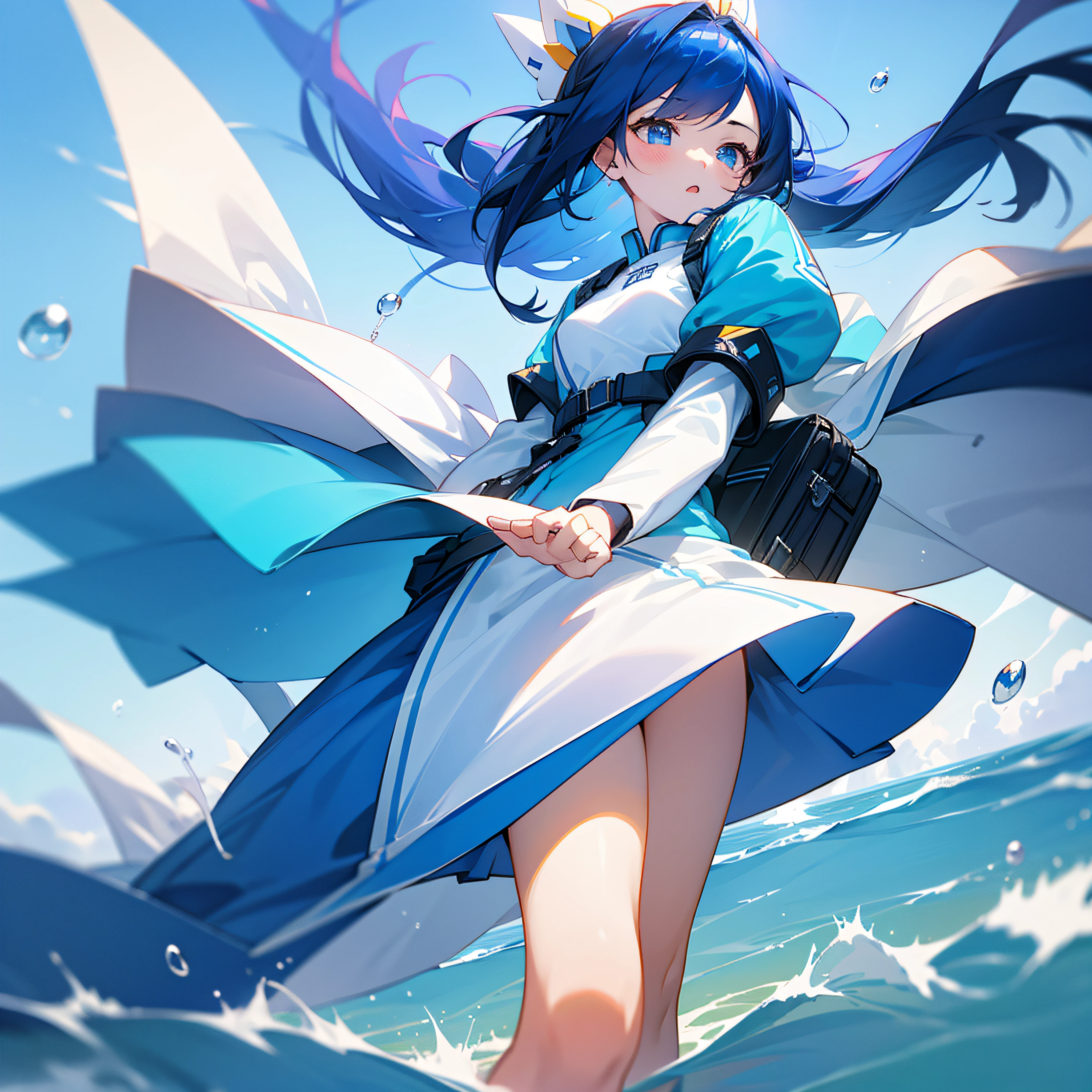 TM Network ,teens girl,the wind,blue-sky,,darkblue hair,Very large amount of fine air bubble