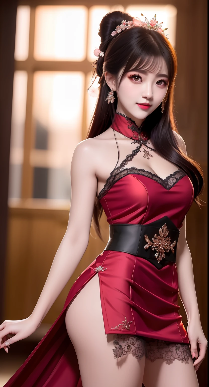 best quality, master part, Altas, 1girl, Hanfu, white and even teeth, red irises, Roupa interior chinesa, enfeites de cabelo, colar, jewelries, joias da coroa. cara bonita, magic import style, Efeito Tyndall, foto realista, studio dark, luz de borda, luz de dois tons, (Pele de alto detalhe: 1.2), 8k UHD, DSLR, brilho luz suave, alta qualidade, volumetric light, candid, fotografia , high resolution, 4k, 8k, Bokeh, (light pink lips), 1 beautiful demon from hell, No escuro: 1.6), mulheres surreais de corpo inteiro por David Hockney e Alphonse Mucha, arte de fantasia, fotorrealismo, dynamic lighting, season art, Posters, Volumetric lighting, rostos altamente detalhados, Super 8K , Concedido, No escuro, Escuro, Pouca luz, lente de cowboy, (red phoenix dress: 1.4), cabelos longos, cabelos pretos, busto, luxury palace, estilo real estilo familiar, Coroa do Diabo, red eyes with very sharp and detailed makeup, rosto mais bonito, Seios muito redondos e firmes, surreal, Roupas longas das mulheres chinesas, sorriso encantador Encantado, Maquiagem bonita dos olhos, Guweiz, mesh stockings with laces attached to waist lace socks, tampos na altura da coxa, dark red turtleneck turtleneck, ponytail with bow at the back, dark red lips, tattoo Demon on shoulder, Paisagem nublada e estrondosa, (corpo inteiro), Close-up do personagem principal, (Detalhes do fundo do inferno 1.8), meias de cintura rendadas, medium-sized butt,