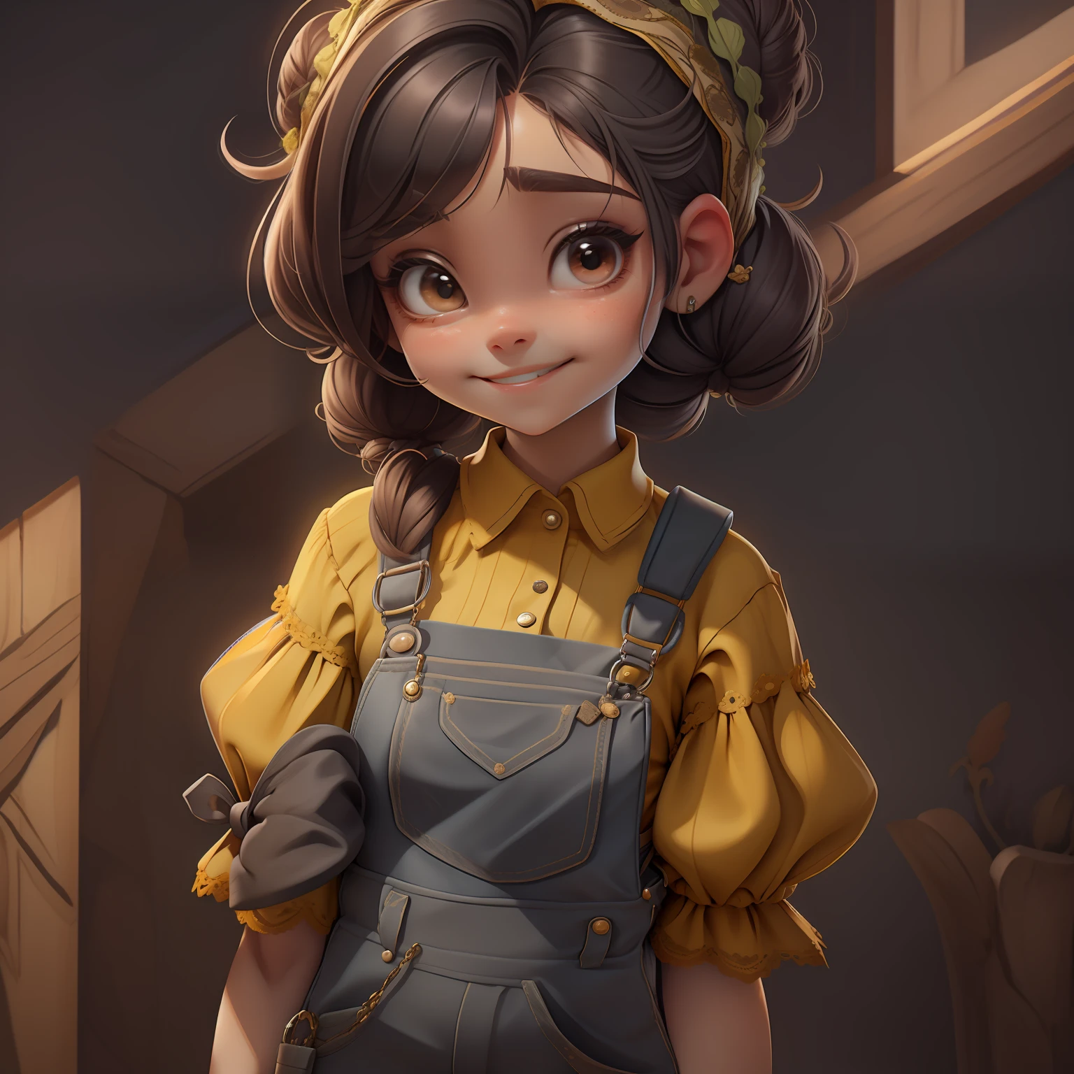 menina orando rezando, delicate lace, sorriso, livros e mochila, Slime cabelo longo bun estilo de cabelo, preto dourado, gardener clothes overalls and detailed, master part, best quality