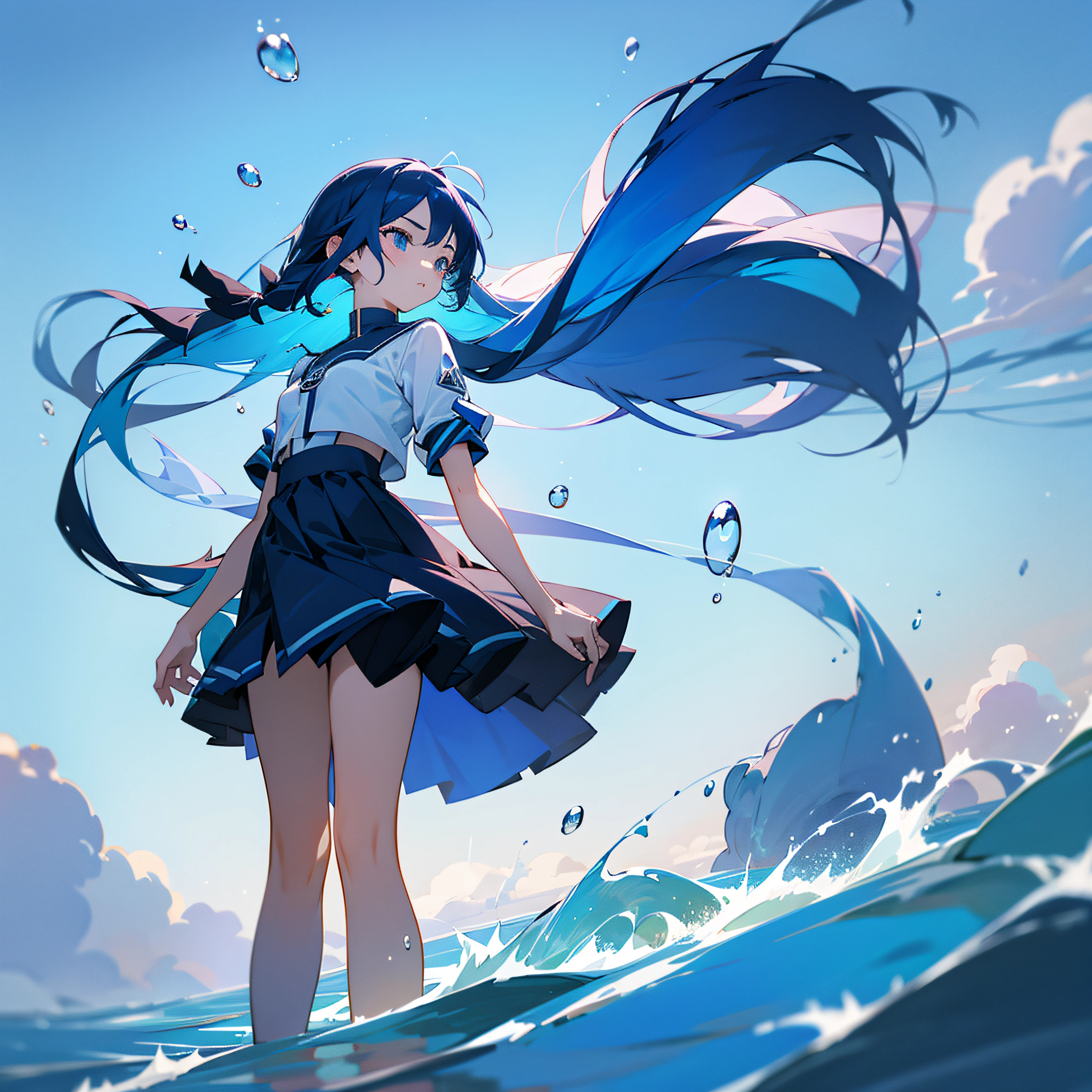 TM Network ,teens girl,the wind,blue-sky,,darkblue hair,Fine air bubble