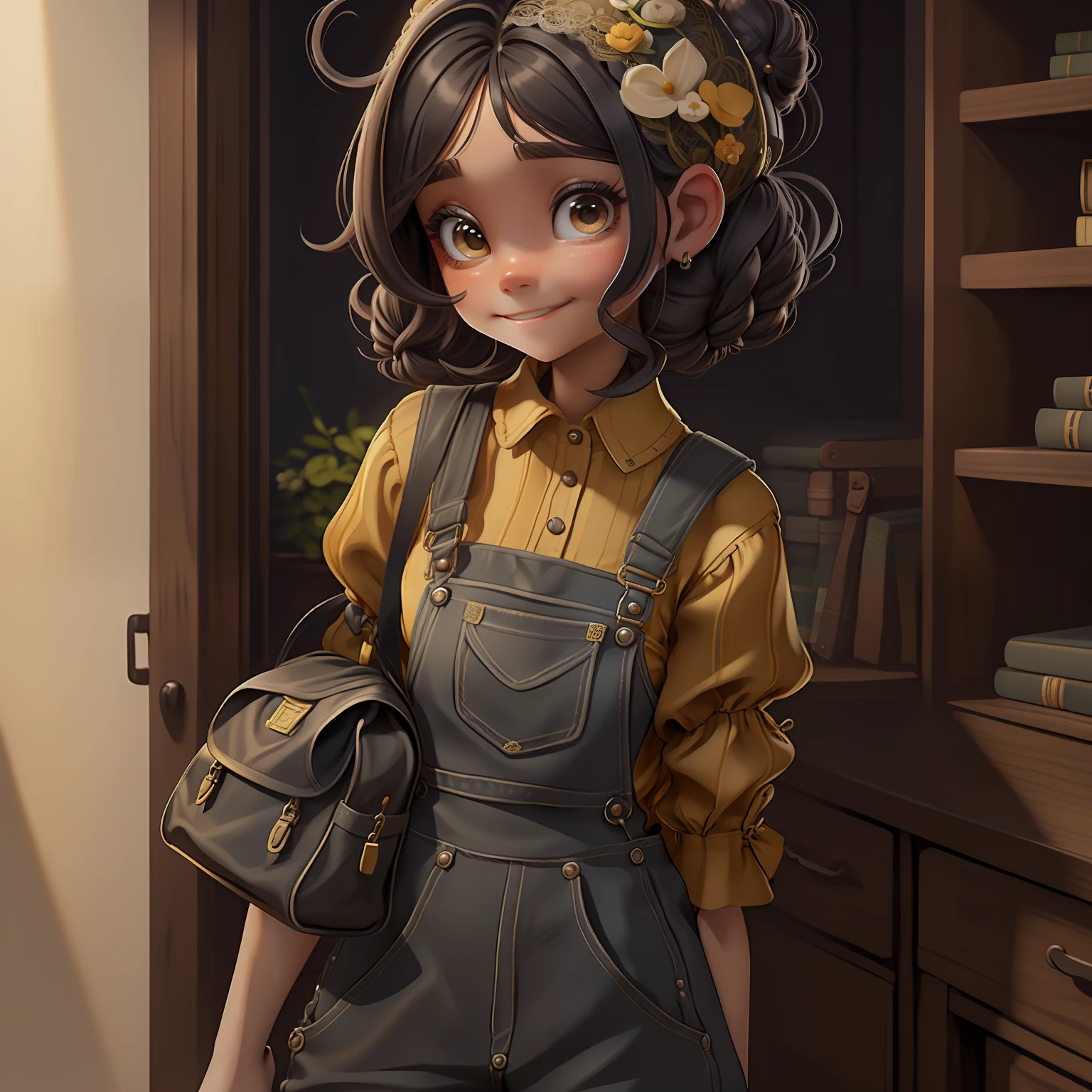 menina orando rezando, delicate lace, sorriso, livros e mochila, Slime cabelo longo bun estilo de cabelo, preto dourado, gardener clothes overalls and detailed, master part, best quality