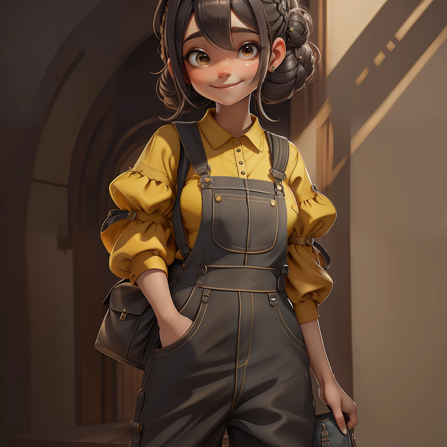 orando rezando, delicate lace, sorriso, livros e mochila, Slime cabelo longo bun estilo de cabelo, preto dourado, gardener clothes overalls and detailed, master part, best quality