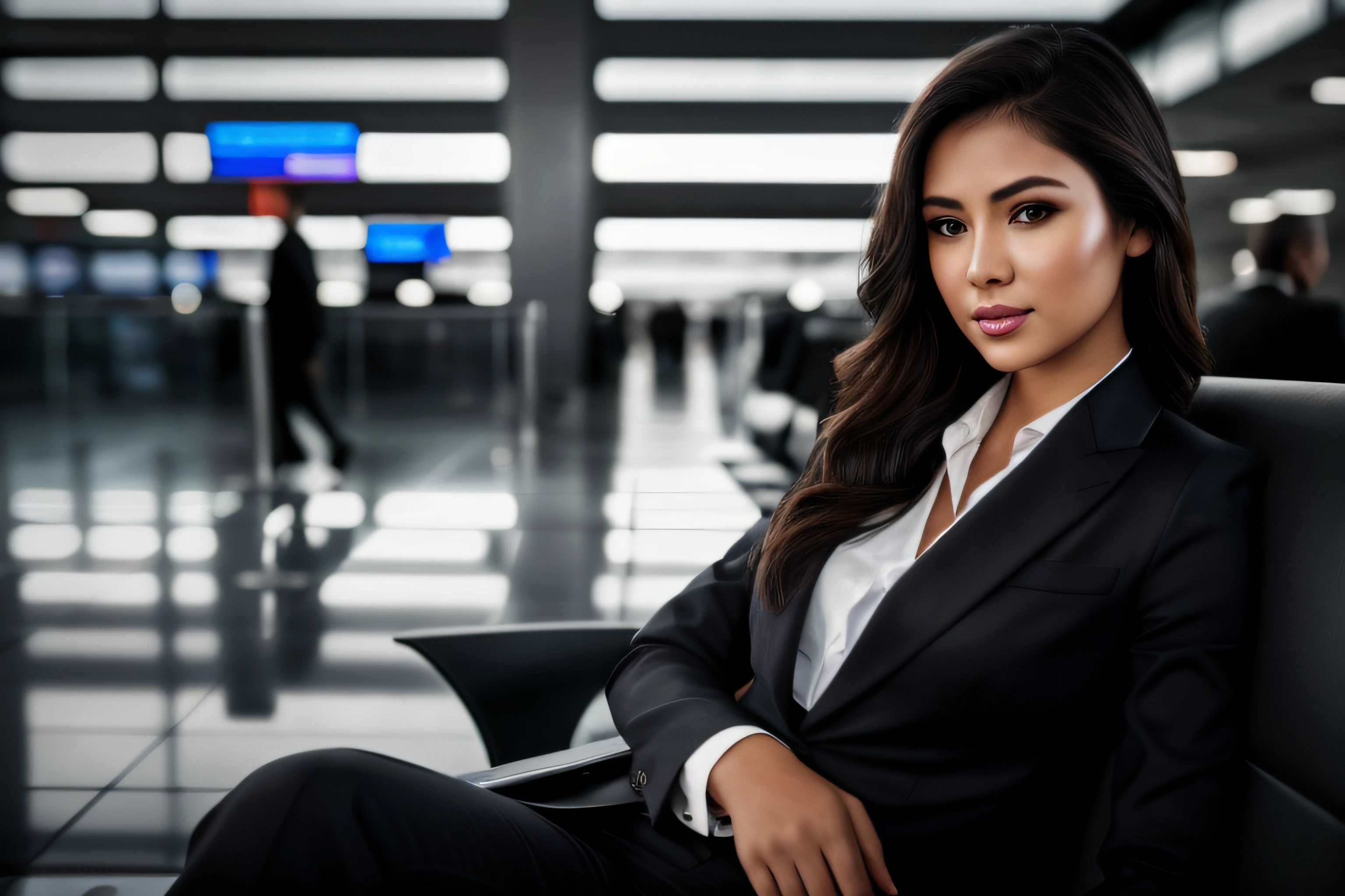 photorealistic full body portrait of stunning, Businessman at airport waiting lounge, (8k, RAW photo, best quality, masterpiece:1. 2), (realistic, photo-realistic:1. 37) ultra-detailed, beautiful detailed eyes, beautiful detailed lips, a captivating gaze, and an alluring expression. beautiful dynamic dramatic dark moody lighting, shadows, cinematic atmosphere, photograph, focal length