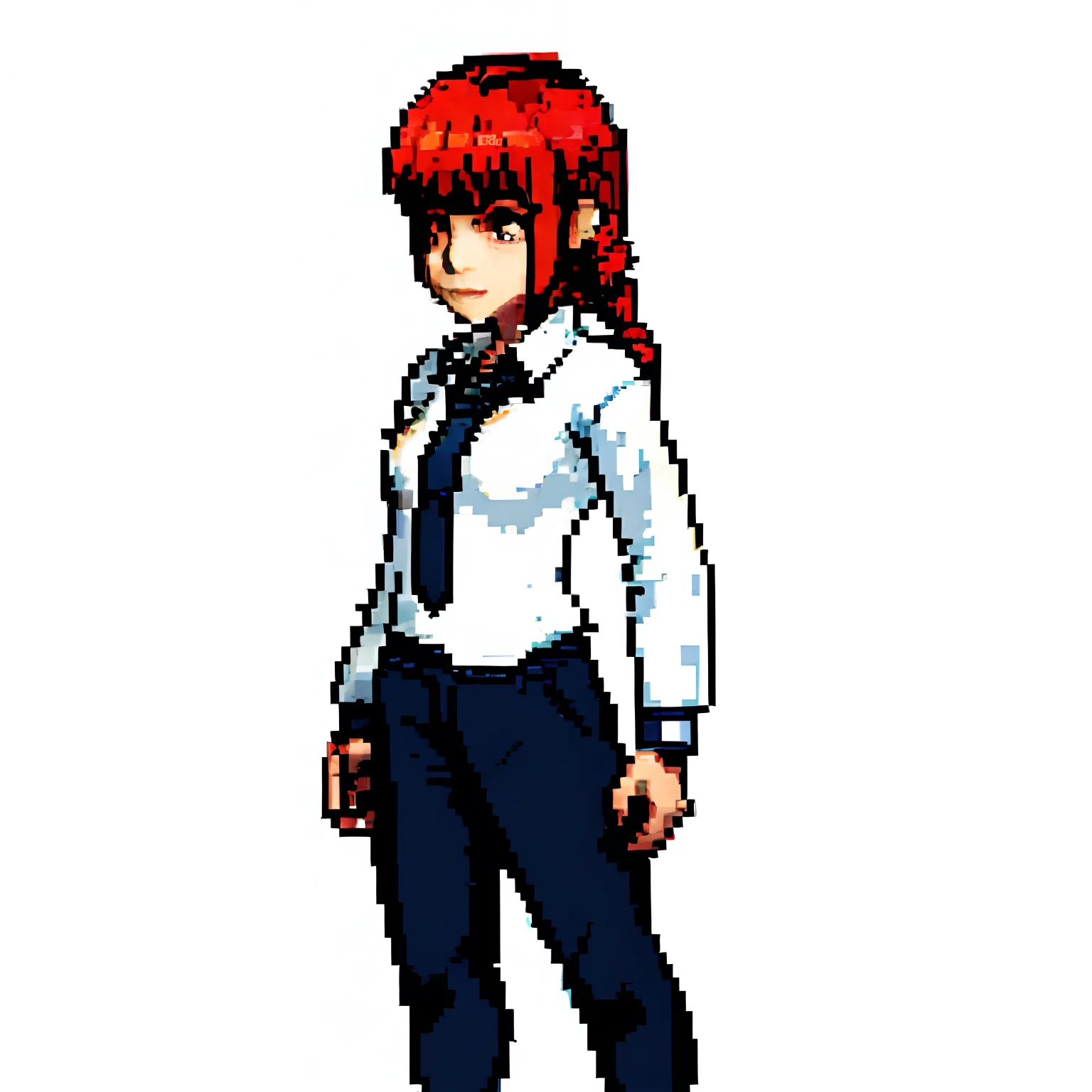 makima (chainsaw man), Igirl, absurdres, bangs, indoors, black necktie, black pants, braid, braided ponytail, collared shirt, cowboy shot, highres, long hair, long sleeves, necktie, red hair, ringed eyes, shirt, sidelocks, solo, uniform, white shirt, yellow eyes, small breasts,