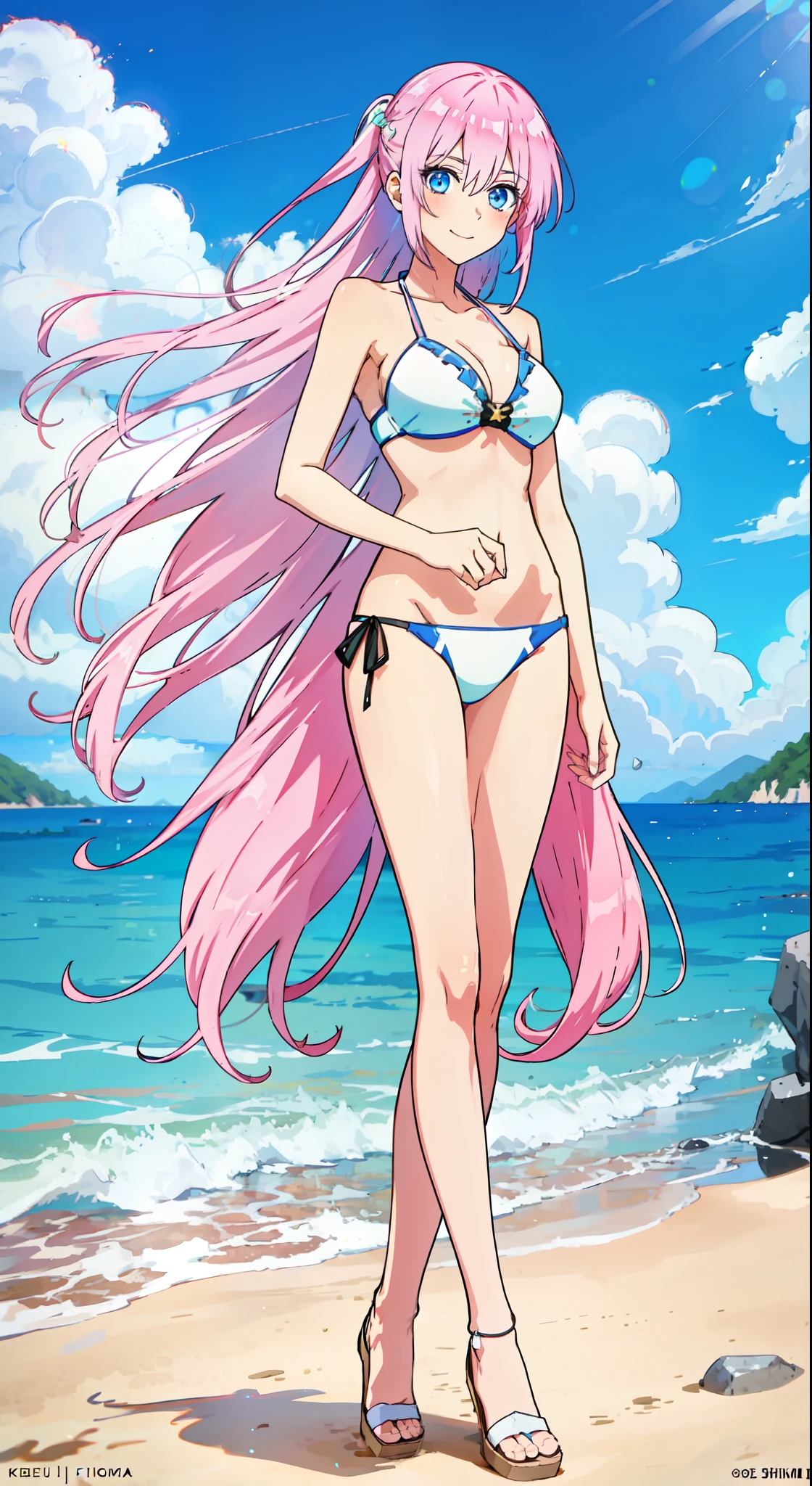 shikimori, slim legs, beautiful eyes, blue eyes, happy, pink hair, long hair, white side tie bikini, beach