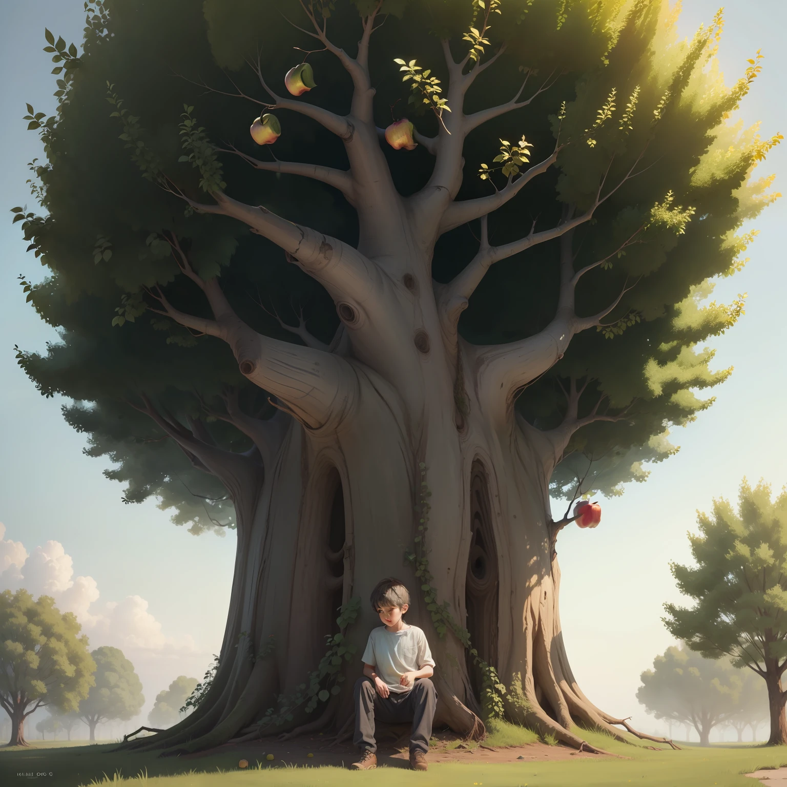 apple tree with a boy sitting in front of its trunk