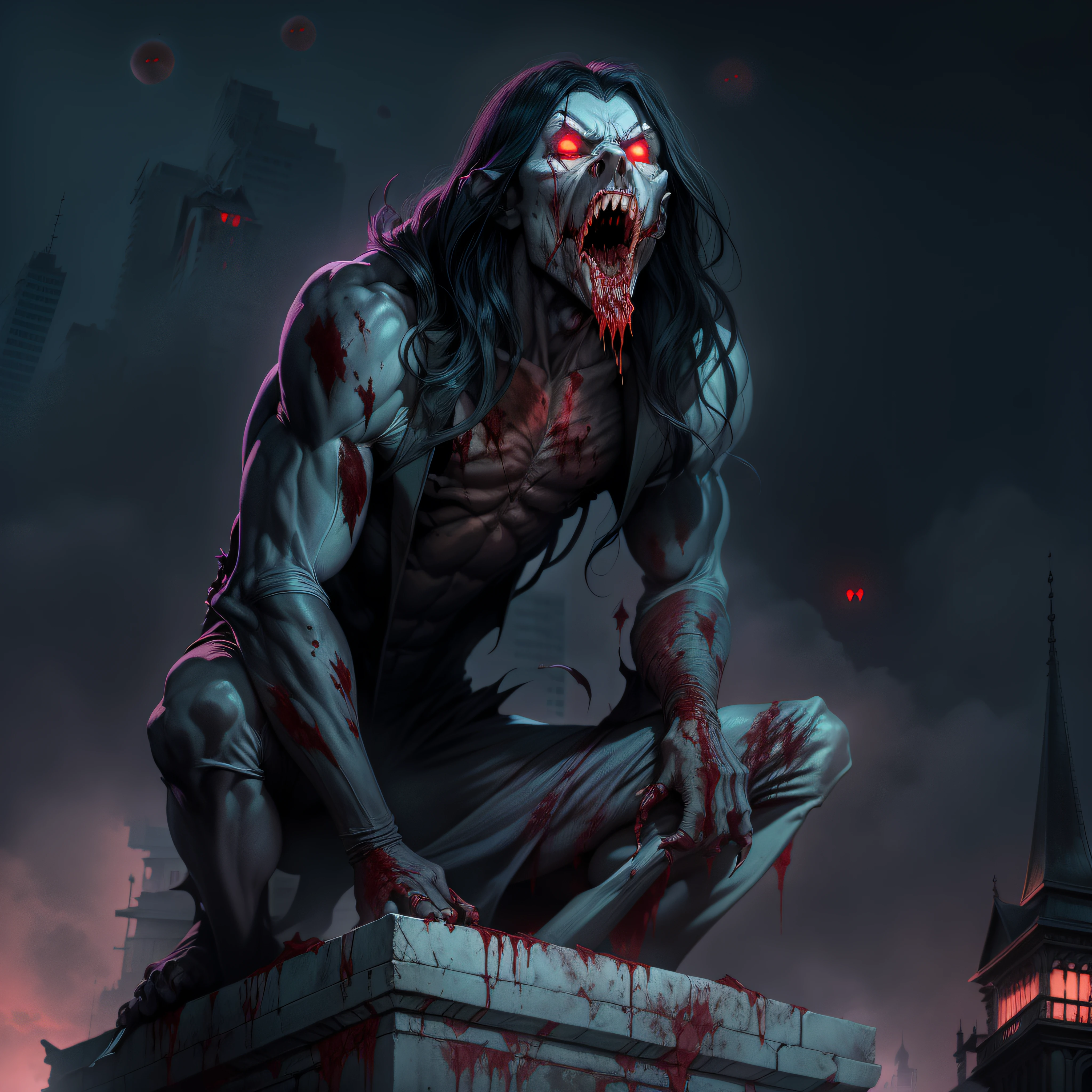 a photo of morbius, (((on the top of a building))) at night, (((Horror))) ((evil)) (((blood on mouth)))