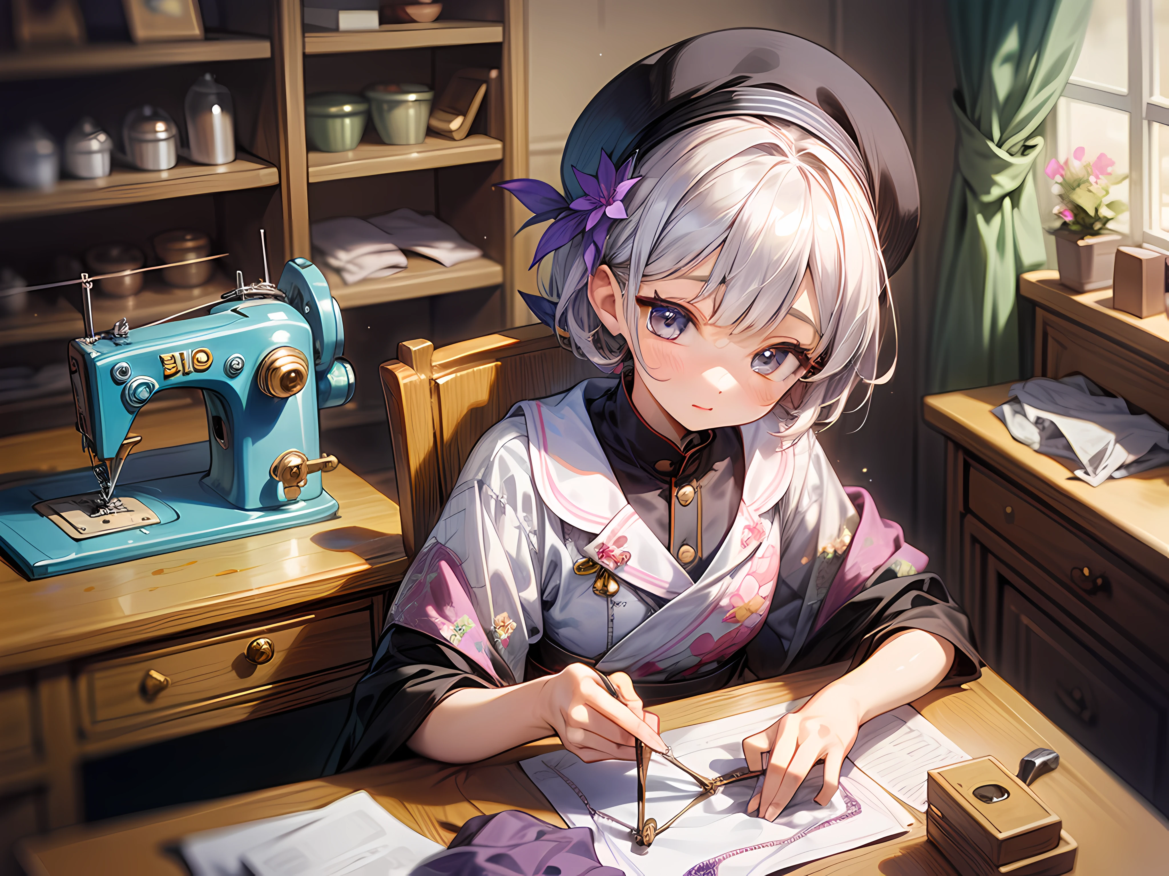 1 girl, Messy,Background, Violet,short,Hair,  Cute,  In a room,Niji style ,flower, Bibo Zi Eye,sewing machine,The clothes ar,croped,wardrobe,Tailor,clothing design