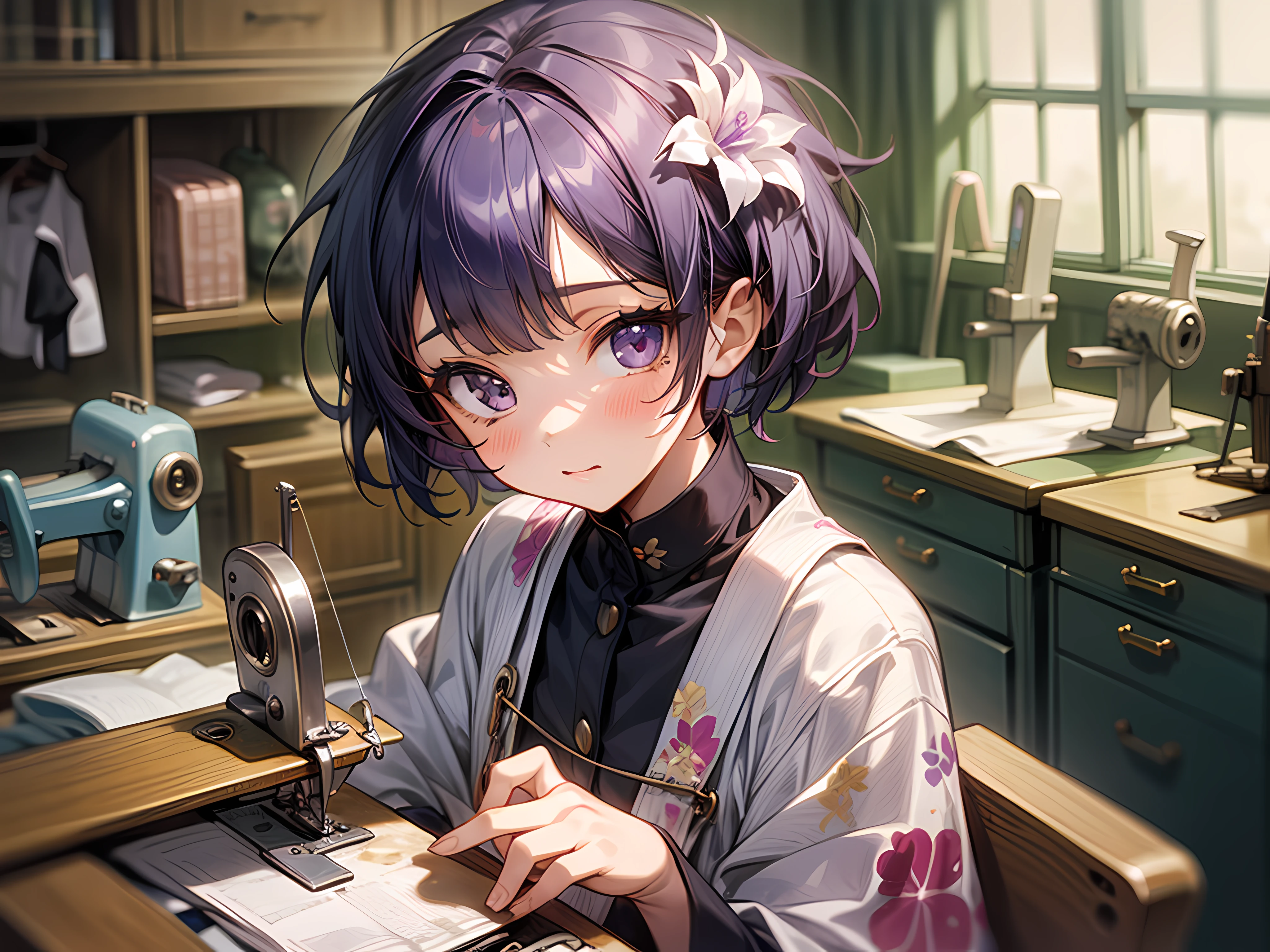 1 girl, Messy,Background, Violet,short,Hair, Cute, In a room,Niji style ,flower, Bibo Zi Eye,sewing machine,The clothes ar,croped,wardrobe,Tailor,clothing design