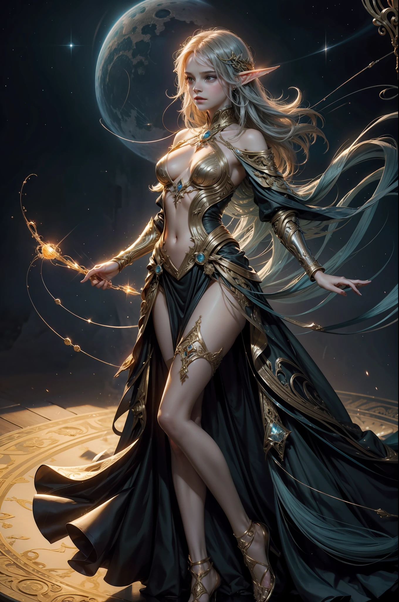 emma watson as an elf girl. With skin as porcelain as the moon's soft glow, her ethereal beauty is accentuated by an iridescent undertone that shimmers like a holographic display. Her elven heritage is evident in her lithe and graceful form, a testament to the seamless blend of nature's elegance and futuristic innovation. long, flowing hair cascades like a waterfall of stardust, each strand seemingly infused with a faint, pulsating light that changes hues with her emotions. A neural-link circlet rests upon her brow, adorned with delicate, intertwining vines of luminescent crystals that respond to her thoughts, casting an ever-changing aura around her.
Her attire, a fusion of elven craftsmanship and technological ingenuity, consists of a bodysuit that adapts to her body's movements. Embedded within the fabric are nanoscale circuits that respond to her commands, red and gold, creating intricate patterns of light that dance across the surface like a symphony of fireflies. A translucent cloak, reminiscent of gossamer wings, billows behind her, mimicking the fluidity of a solar wind.
Seraphina's eyes, the windows to her enigmatic soul, possess an otherworldly gleam. Pupils that dilate into swirling pools of stardust allow her to perceive the ebb and flow of magical currents and quantum energies. A subtle neural implant beneath her left earlobe grants her the ability to interface with Aeloria's intricate information network, accessing a wealth of knowledge and insights that transcend time and space.
Around her wrists and ankles, delicate yet potent energy bands pulse with a rhythmic hum. These bands are not mere adornments; they harness her innate magical abilities and channel them through crystalline conduits, allowing her to weave spells with a mere thought. When she conjures her spells, tendrils of light and energy dance along her fingertips, tracing intricate sigils that dissolve into the air, casting mesmerizing illusions or manipulating matter itself.