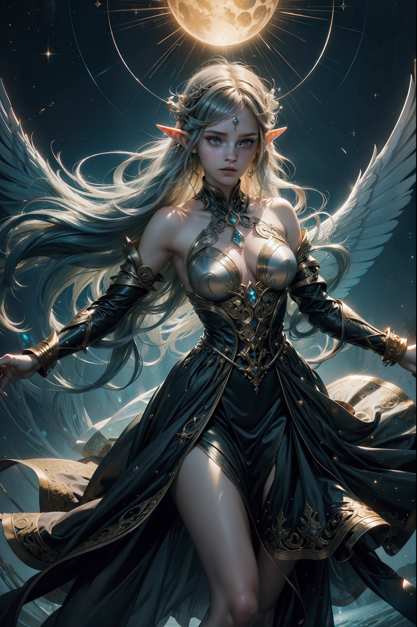 emma watson as an elf girl. With skin as porcelain as the moon's soft glow, her ethereal beauty is accentuated by an iridescent undertone that shimmers like a holographic display. Her elven heritage is evident in her lithe and graceful form, a testament to the seamless blend of nature's elegance and futuristic innovation. long, flowing hair cascades like a waterfall of stardust, each strand seemingly infused with a faint, pulsating light that changes hues with her emotions. A neural-link circlet rests upon her brow, adorned with delicate, intertwining vines of luminescent crystals that respond to her thoughts, casting an ever-changing aura around her.
Her attire, a fusion of elven craftsmanship and technological ingenuity, consists of a bodysuit that adapts to her body's movements. Embedded within the fabric are nanoscale circuits that respond to her commands, red and gold, creating intricate patterns of light that dance across the surface like a symphony of fireflies. A translucent cloak, reminiscent of gossamer wings, billows behind her, mimicking the fluidity of a solar wind.
Seraphina's eyes, the windows to her enigmatic soul, possess an otherworldly gleam. Pupils that dilate into swirling pools of stardust allow her to perceive the ebb and flow of magical currents and quantum energies. A subtle neural implant beneath her left earlobe grants her the ability to interface with Aeloria's intricate information network, accessing a wealth of knowledge and insights that transcend time and space.
Around her wrists and ankles, delicate yet potent energy bands pulse with a rhythmic hum. These bands are not mere adornments; they harness her innate magical abilities and channel them through crystalline conduits, allowing her to weave spells with a mere thought. When she conjures her spells, tendrils of light and energy dance along her fingertips, tracing intricate sigils that dissolve into the air, casting mesmerizing illusions or manipulating matter itself.