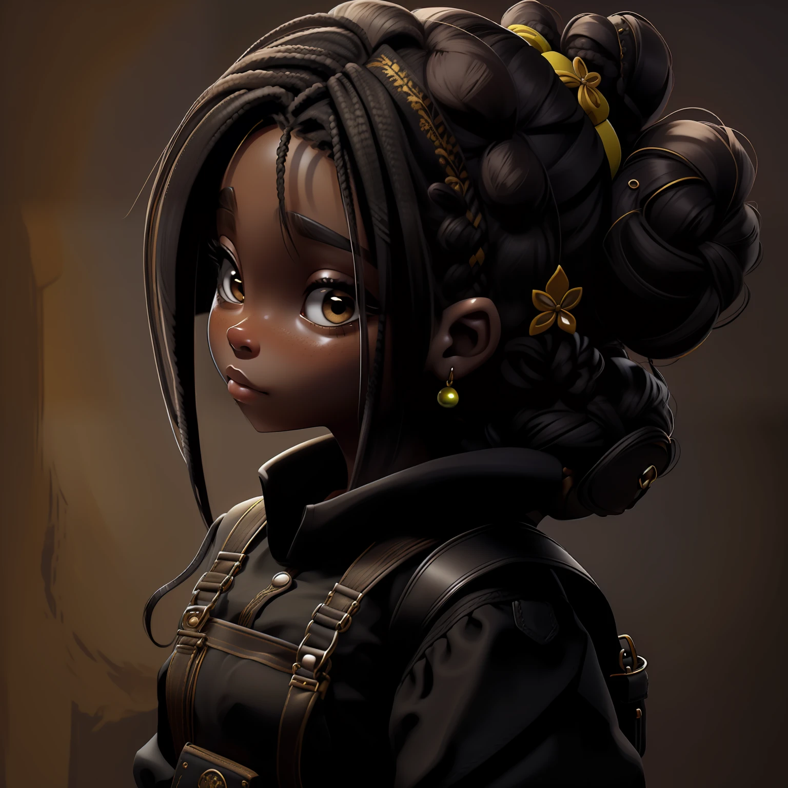 orando rezando, renda delicada, sorrir, livros e mochila, Slime cabelo longo bun estilo de cabelo, preto dourado, pele negra, cabelo dread's dourados, roupas de jardineiro, overalls and detailed, master part, best quality