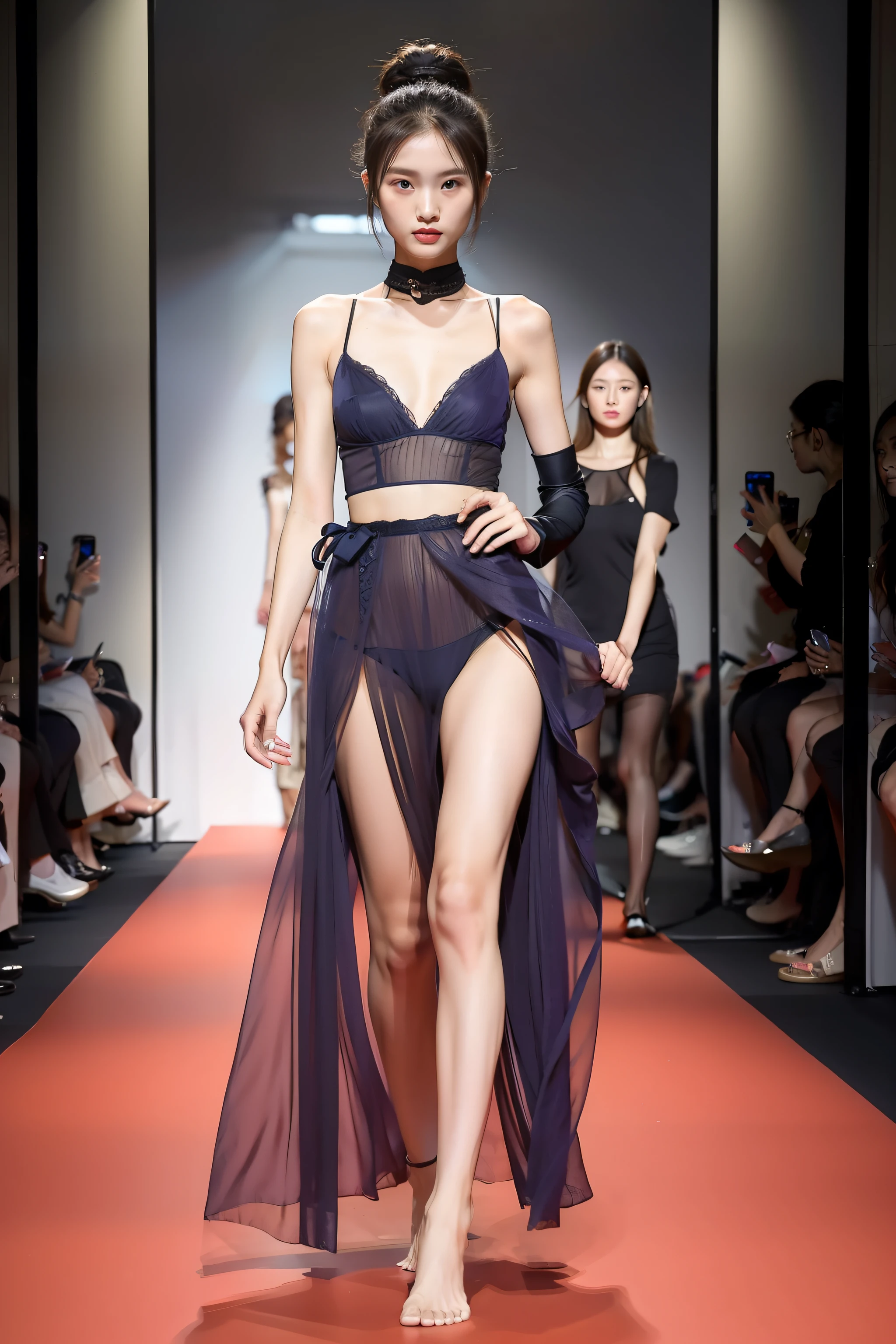 best qualtiy, Full body like，Barefoot，1 12-year-old Asian female，underdressing，Catwalk walk，Refined face，pretty  face，slimfigure，Larger bust