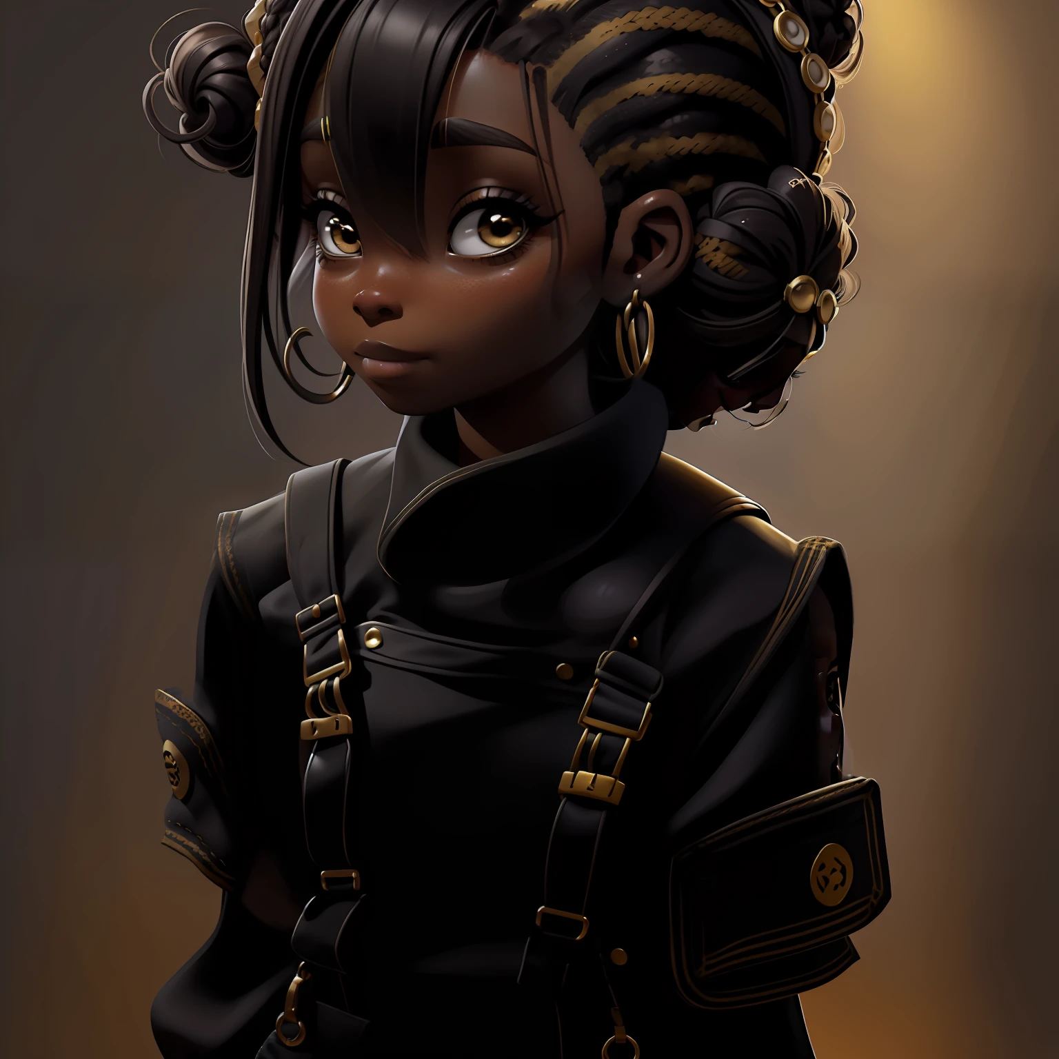 menina orando rezando, renda delicada, sorrir, livros e mochila, Slime cabelo longo bun estilo de cabelo, preto dourado, pele negra, cabelo dread's dourados, roupas de jardineiro, overalls and detailed, master part, best quality