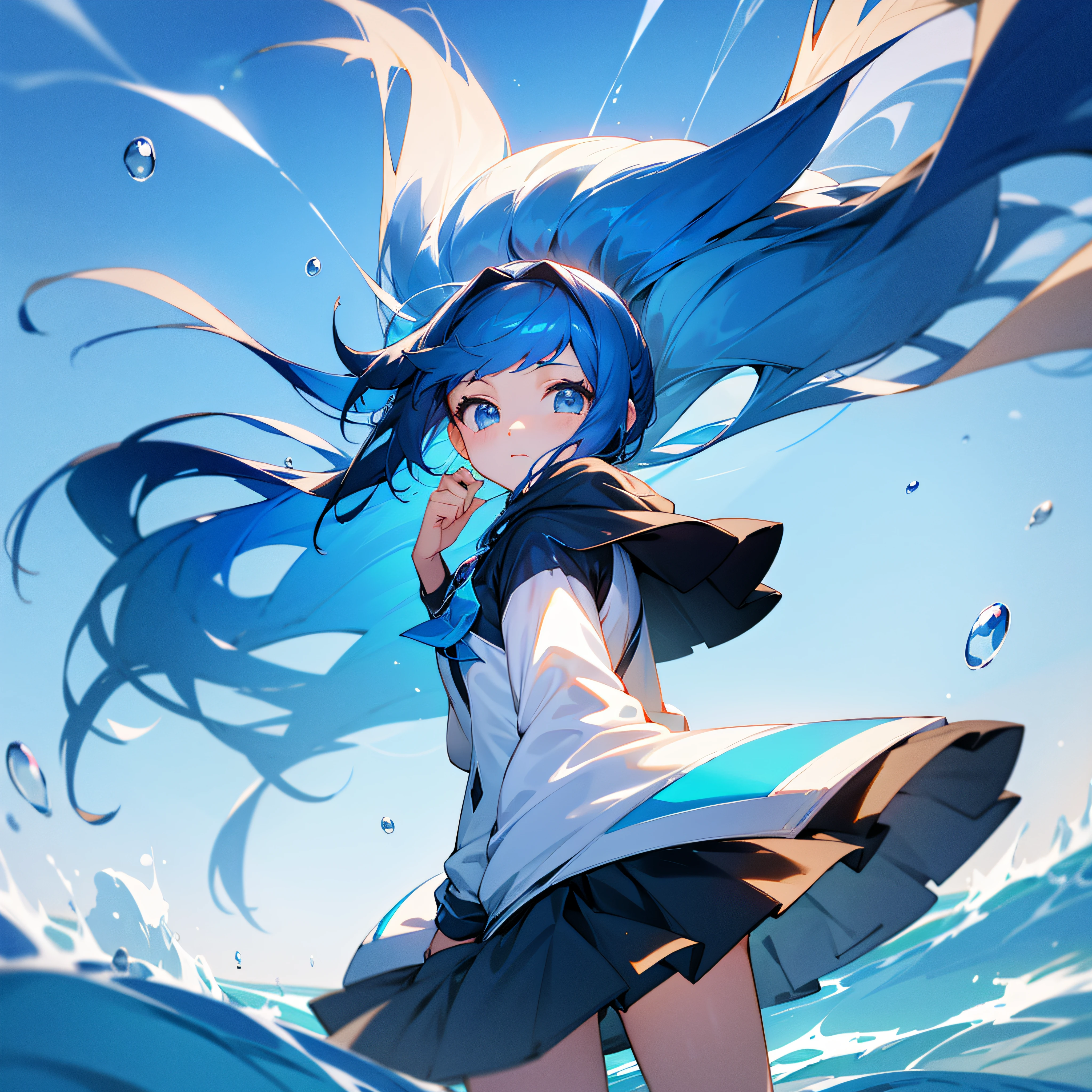 TM Network ,teens girl,the wind,blue-sky,,darkblue hair,Fine air bubble