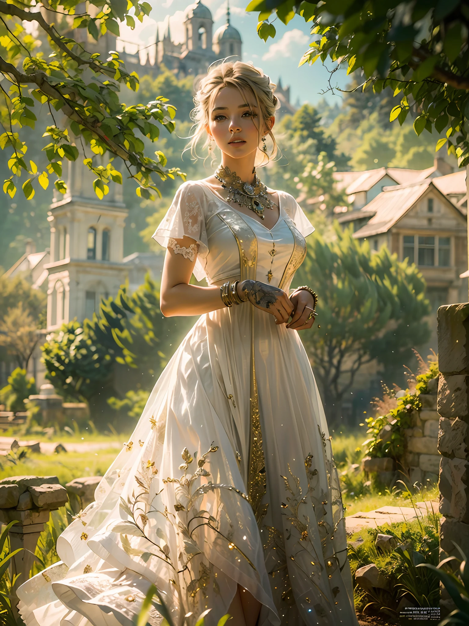 (masterpiece), (best quality), ((ultra-detailed)), (hyperrealistic), (highly detailed photo), cinematic lighting, photorealistic, extremely beautiful young lady in European countryside, intricate detailed white dress, shining, gloss, crisp, flirty, epic, focus, high contrast, artistic