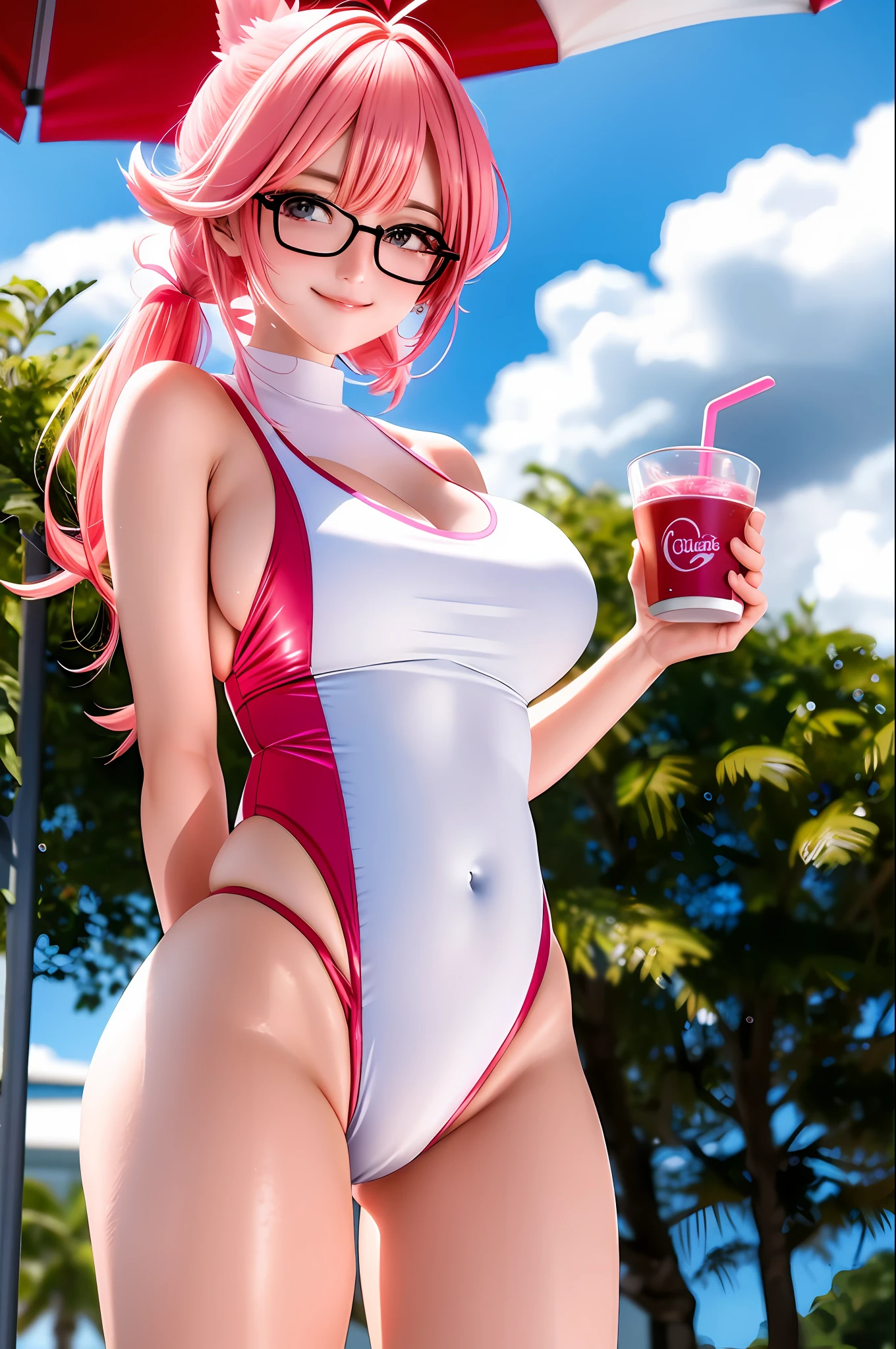 8K, (ultra - detailed), teens girl，quadratic element，Pink hair，Wearing white silk，wears glasses，swimming uniform，比基尼，D-cups，Bigchest，self-expression，sitted，Drinking a juice，High ponytail，ssmile，best qualtiy，cat ear，Pink swimsuit，Pink panties，Bigchest，D-cups，(A masterpiece)，((high qulity))，((tmasterpiece))，White skin，crisp breasts，plump ，Pink transparent one-piece swimsuit