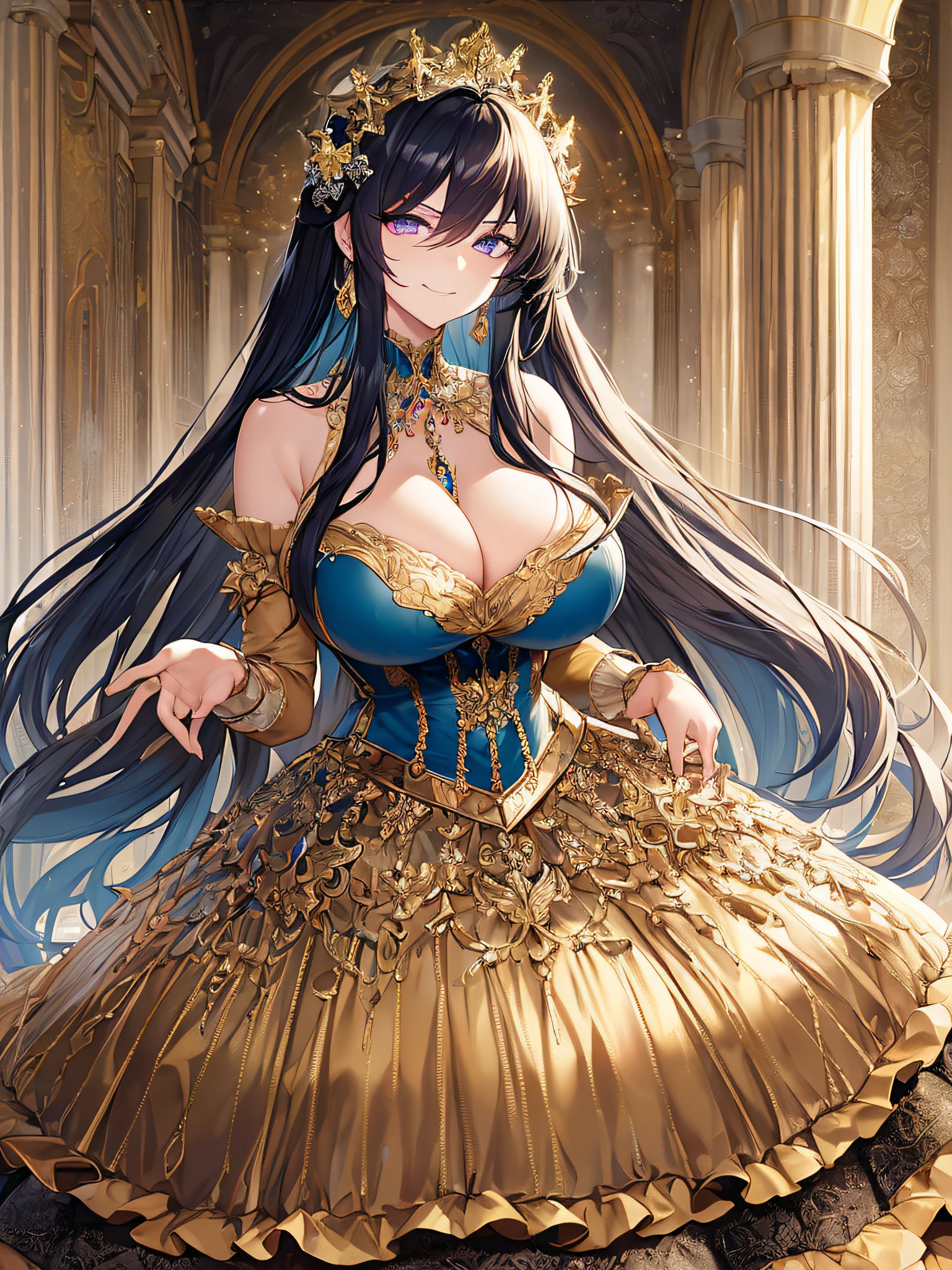 ((anime artstyle)),(Masterpiece),(Best Quality), (Super Detail),((Very Delicate and Beautiful)),((Solo)),((full body)),(((1 arrogant princess in gorgeous and brightly colored gorgeousfull rococo dress))),(Purple eyes),Sharp eyes,detailed face and eyes,jewel-like eyes,(arrogant),((smirk)),((voluminous Very Long Hair,Straight Hair)),black hair,((Bangs between eyes)),((gigantic tits,Long tits)),curvy,skindentation,(gorgeousfull embroidery and lace),gorgeous corsage,See-through,gorgeousfull hair ornament,gorgeousfull glitter jeweled tiara,ornate ruffles,((full body)),((hoop skirt,crinoline)),Dynamic Angle,Looking at viewer,(((gorgeous and brightly colored gorgeousfull rococo dress)),full body