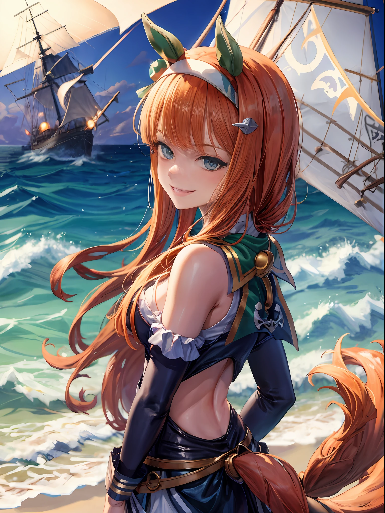 topquality, Horse Girl, Quiet Suzuka, ((Uma Musume))), Perfect skin, realisic skin, Detail Skin, 8K, (tail on the lower back), super detaill, Photo sharpness, RAW photo, (Pirate Costume), (Pirate's Hat), Elaborate clothes, black puff on 1 eye, Smile and confident look, The girl is being pumped up, Pirate Ship, a mast, ocean, blue sky