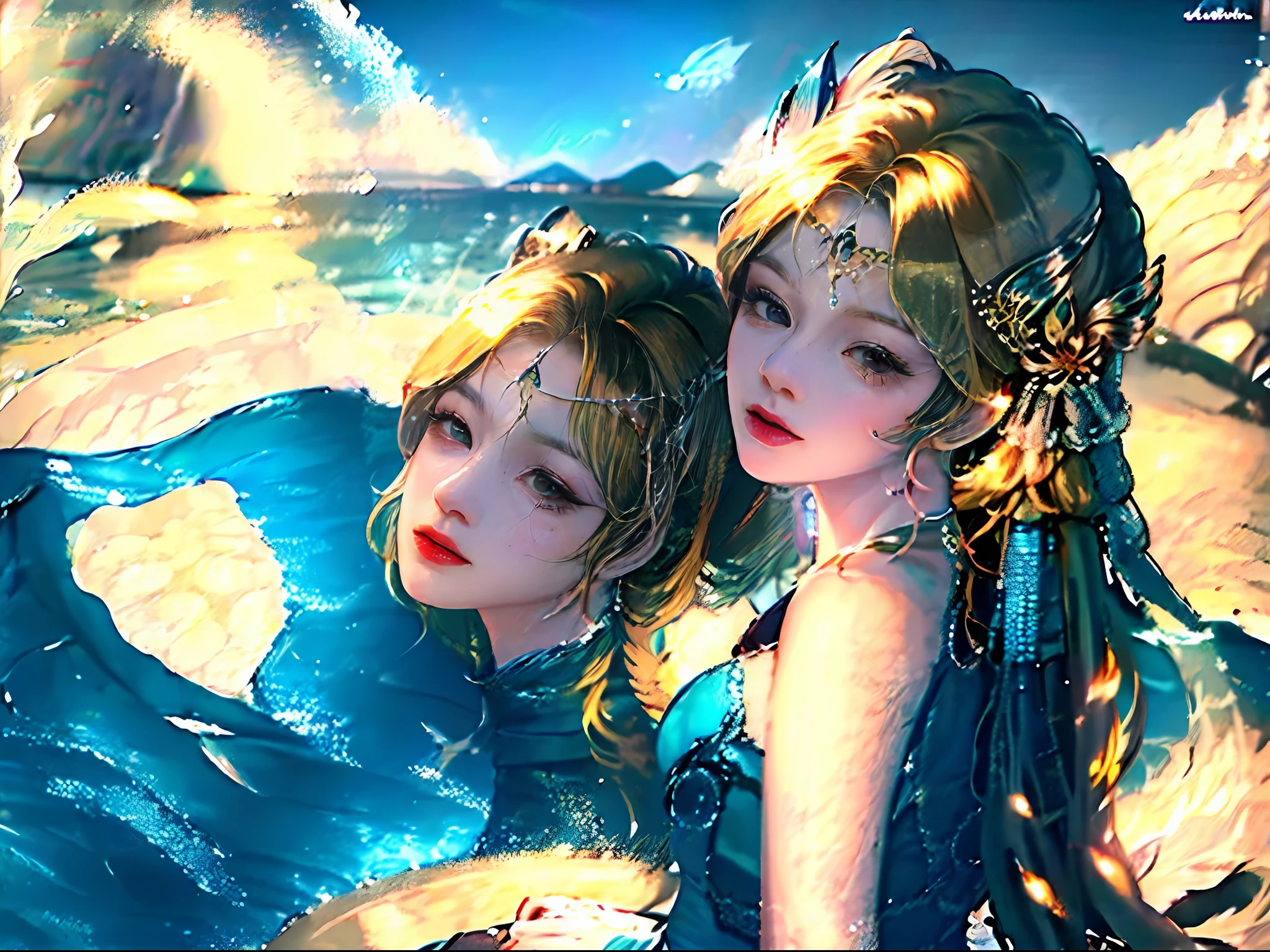A coloring book as a basemap,A mermaid is drawn,Girl wearing clothes made of shells,Blue tail,coiffed blonde hair,Issuing,Her hand was pressed on the photo album,As if to climb out,Break,Skirt streamers,Water flow feel HD 8K,Freehand style drawing scale 4:3


In the