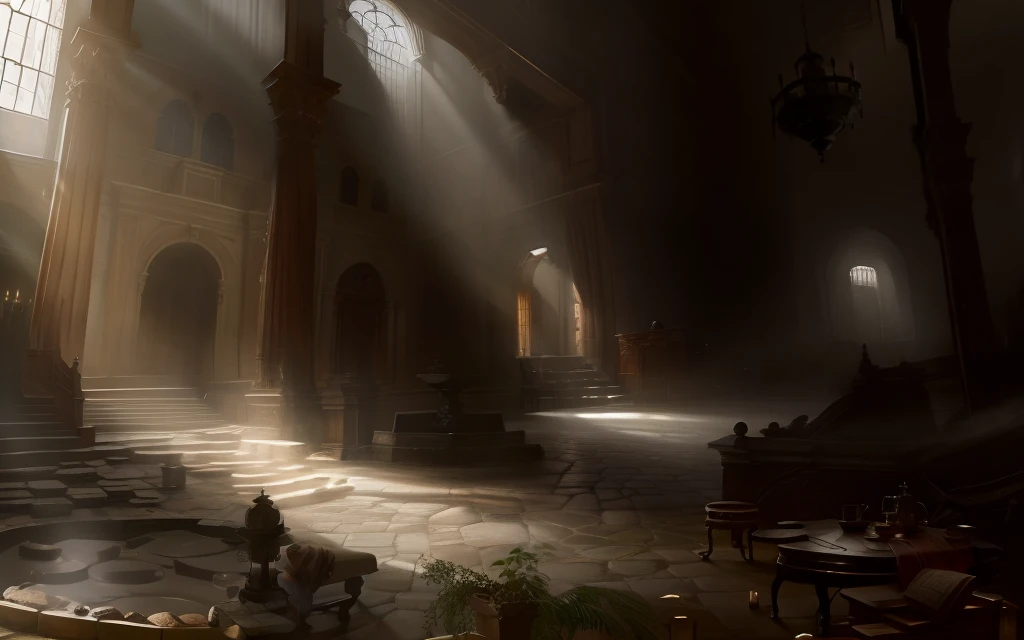 classical roman spa interior view, furniture, sandstone old natural treebark asphalt, still life oil painting, medieval style, (gloomy:1.4), gloomy background, god rays, (high detailed skin:1.2), 8k uhd, high quality, by Greg Rutkowski