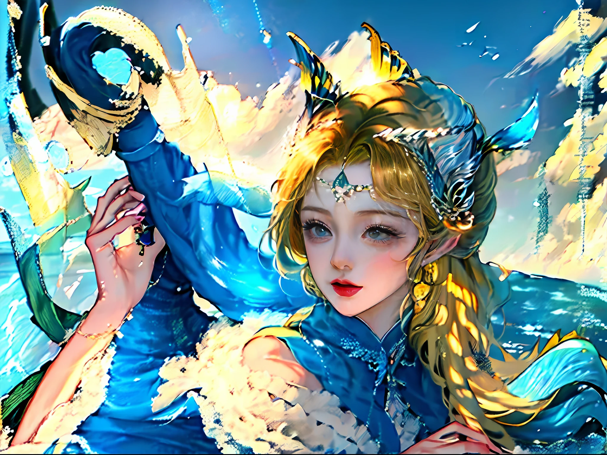 A coloring book as a basemap,A mermaid is drawn,Girl wearing clothes made of shells,Blue tail,coiffed blonde hair,Issuing,Her hand was pressed on the photo album,As if to climb out,Break,Skirt streamers,Water flow feel HD 8K,Freehand style drawing scale 4:3


In the