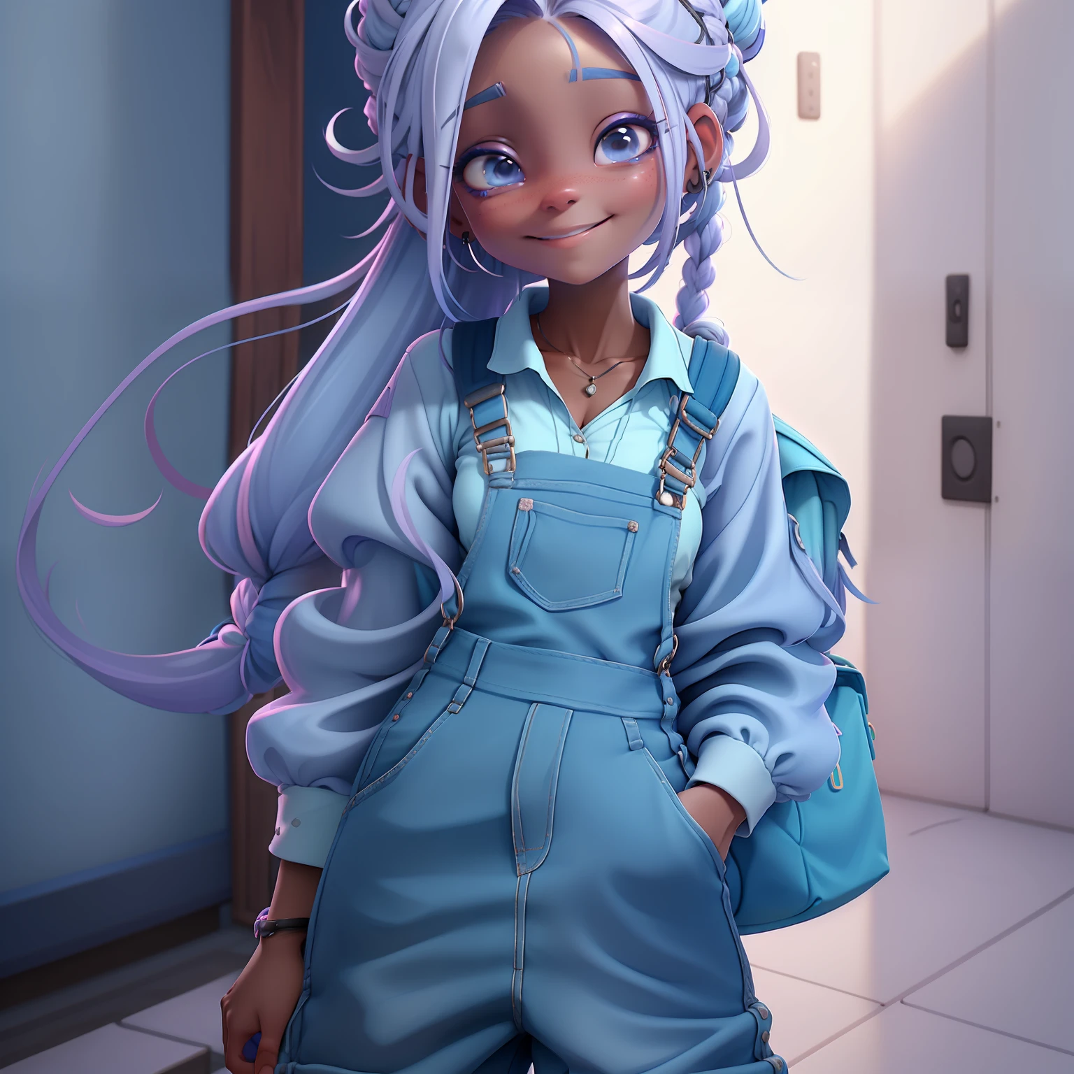 menina orando rezando, renda delicada, sorrindo e leve, tons claros, livros e mochila, Slime cabelo longo bun estilo de cabelo, blue and lilac, pele negra, cabelo dread's dourados, roupas de jardineiro, overalls and detailed, master part, best quality