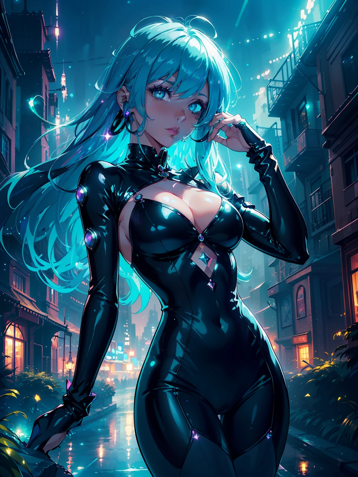 (best quality, high resolution) night scene, (beautiful girl:1.1), (cute outfit:1.2), (magic atmosphere:1.4), city lights, neon lights, futuristic, dynamic pose, (blue hair:1.1), (emerald eyes:1.2), (glossy lips:1.3), mysterious, (romantic mood:1.1), (sparkling magic:1.2), "let's go on an adventure together, under the magic of the night".