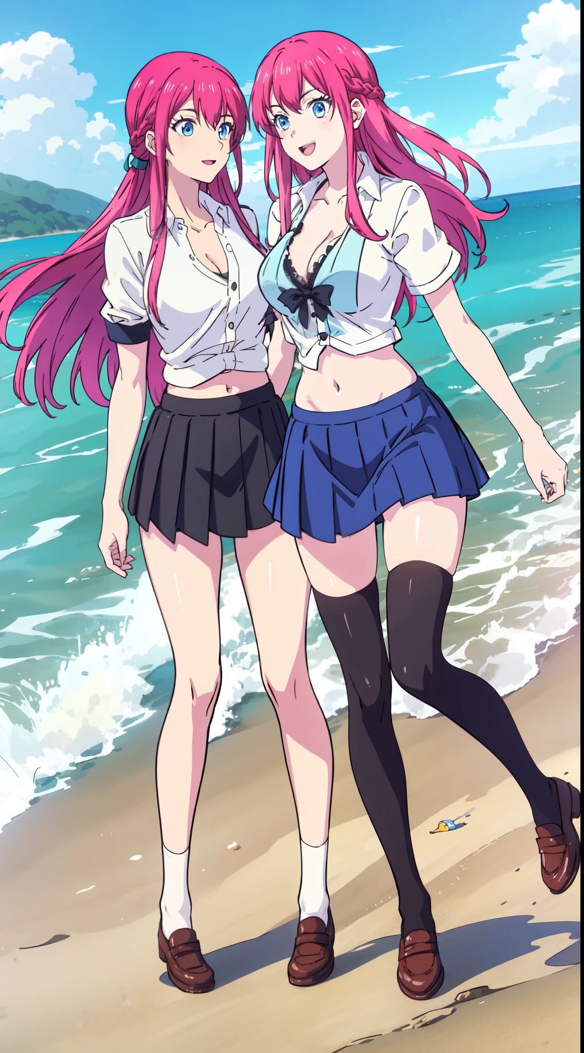 , slim legs, beautiful eyes, blue eyes, happy, pink hair, long hair, cleavage, short skirt, thigh high socks, school uniform, beach, navel