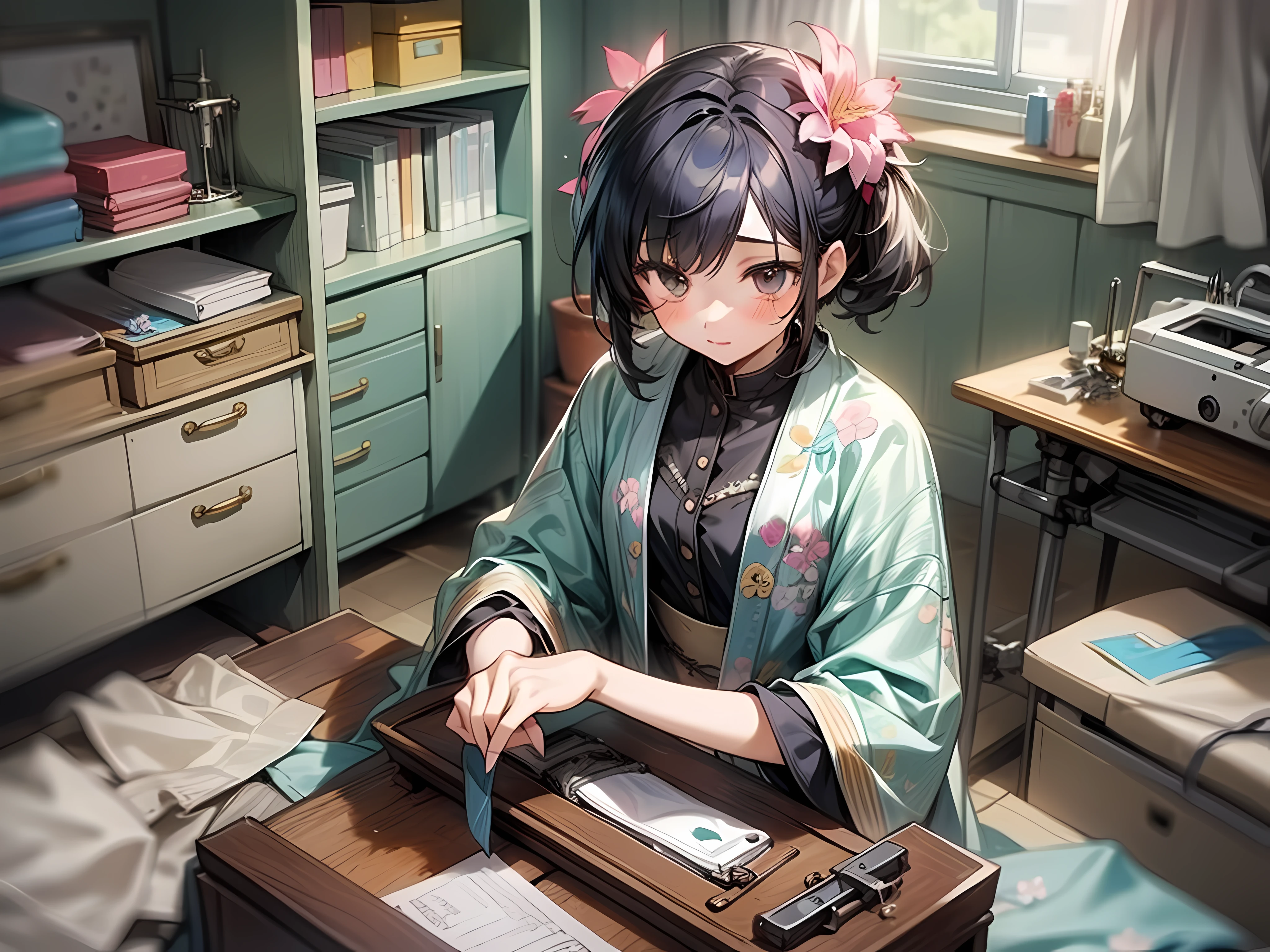 1 girl, Messy,Background, Cute, In a room,Niji style ,flower, Bibo Zi Eye,sewing machine,The clothes ar,croped,wardrobe,Tailor,clothing design