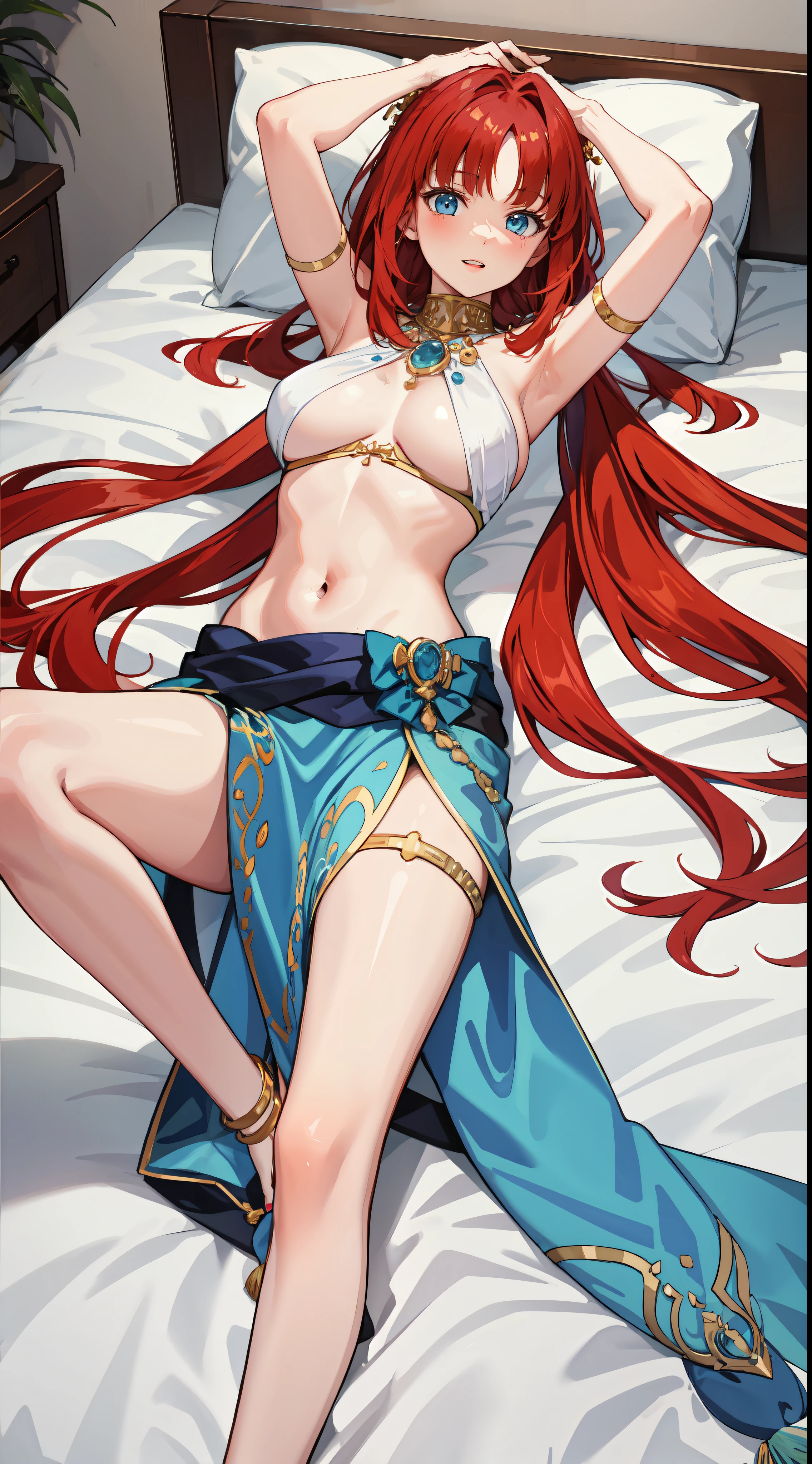 slim legs, blue eyes, nilou, red hair, long hair, mesmerising , medium breast, happy, navel, bed, cleavage, hanging breast, lying on the ground