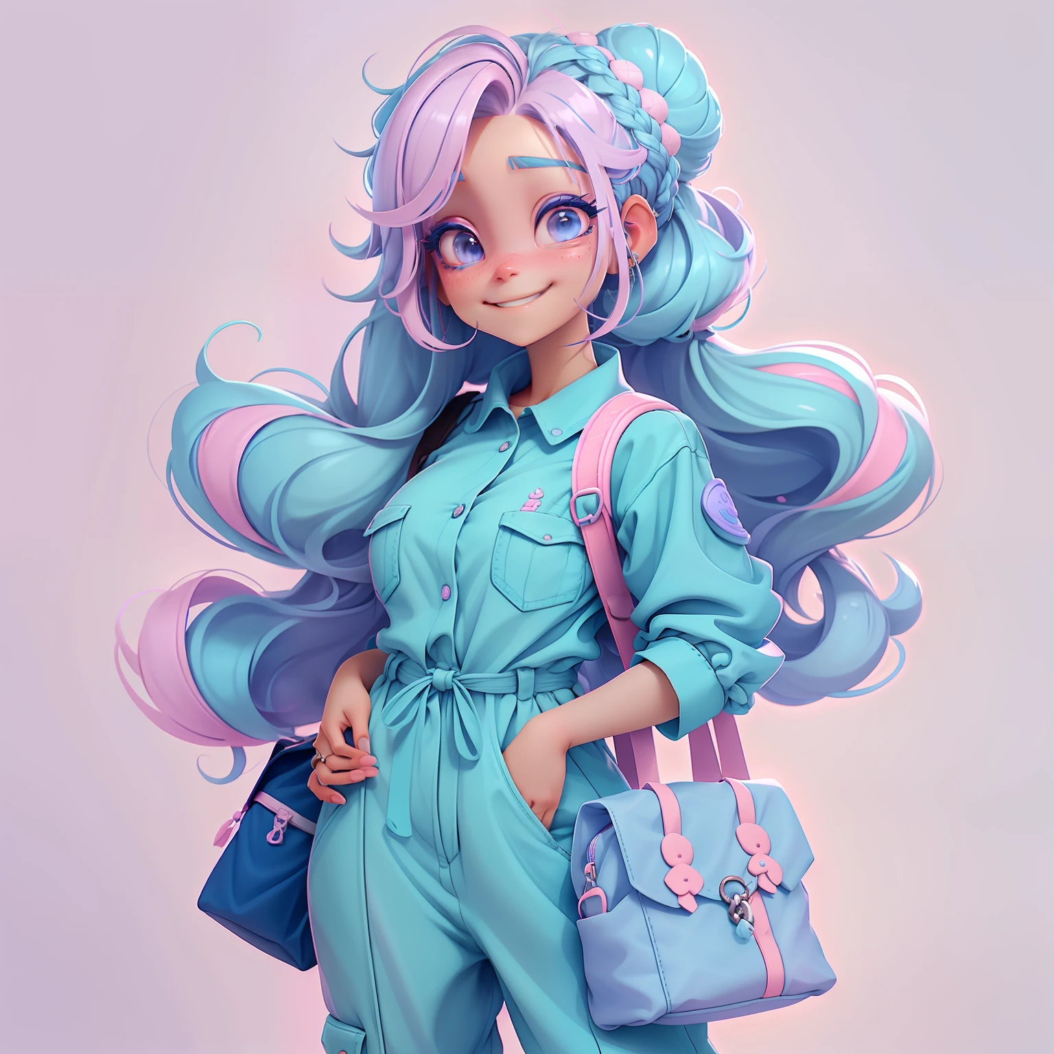 menina orando rezando, renda delicada, sorrindo e leve, tons claros, livros e mochila, Slime cabelo longo bun estilo de cabelo, blue and lilac, pele clara, cabelo dread's dourados, roupas de jardineiro, pink and detailed jumpsuit, master part, best quality