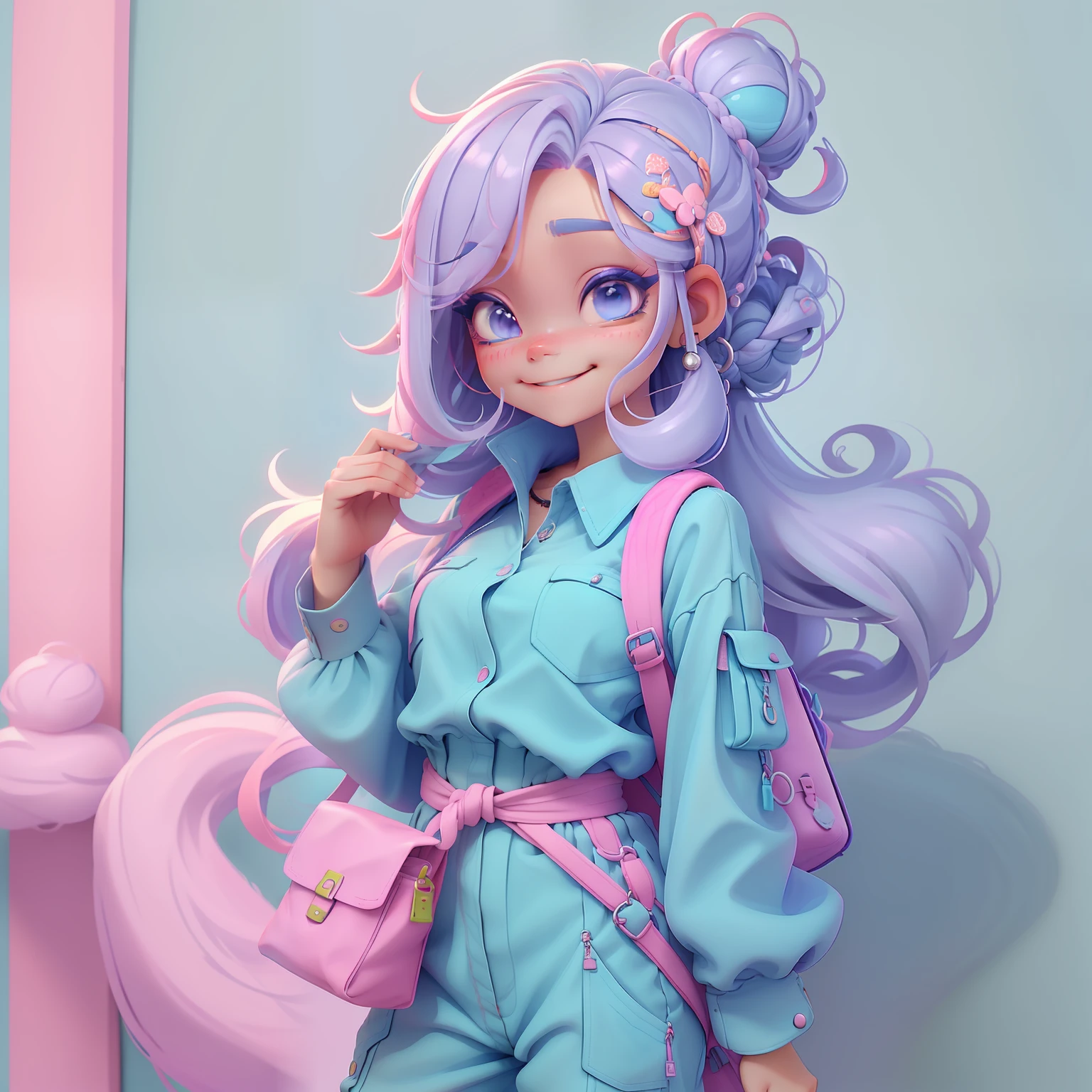 orando rezando, renda delicada, sorrindo e leve, tons claros, livros e mochila, Slime cabelo longo bun estilo de cabelo, blue and lilac, pele clara, cabelo dread's dourados, roupas de jardineiro, pink and detailed jumpsuit, master part, best quality