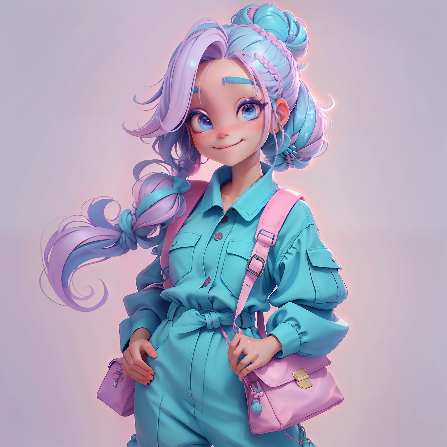 menina orando rezando, renda delicada, sorrindo e leve, tons claros, livros e mochila, Slime cabelo longo bun estilo de cabelo, blue and lilac, pele clara, cabelo dread's dourados, roupas de jardineiro, pink and detailed jumpsuit, master part, best quality