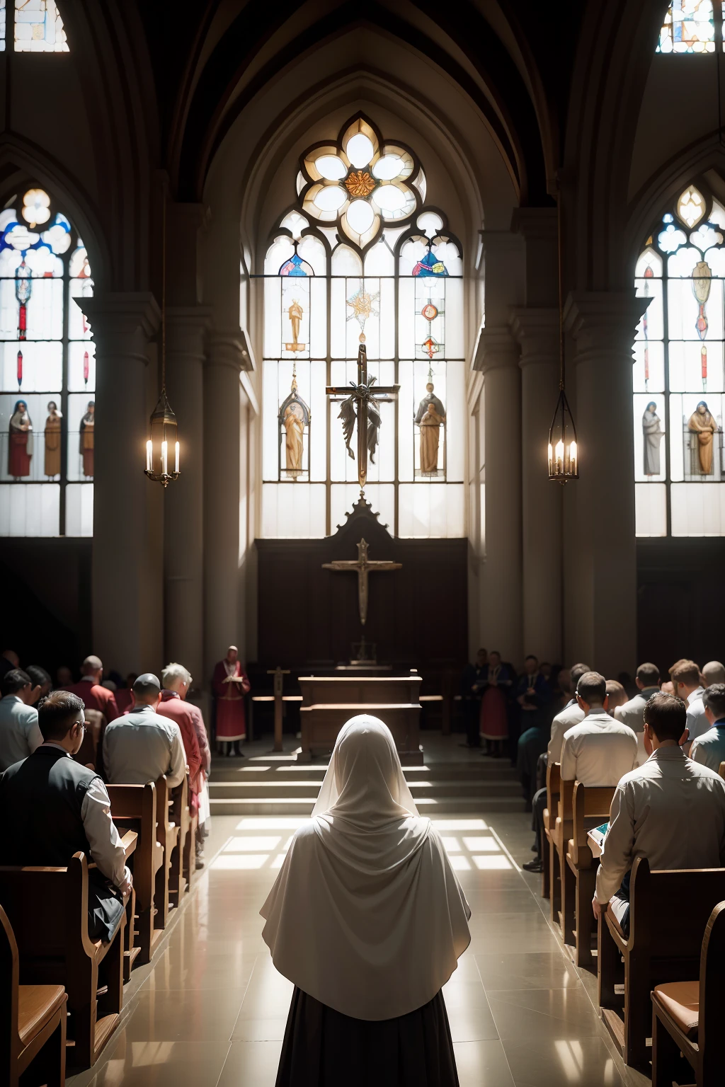 A photograph of a group of faithful in prayer inside the church, each in his position devotion, e ao fundo, uma cruz de metal cravejada com detalhes intrincados. The soft light that enters through the windows enhances the atmosphere of devotion and spirituality.