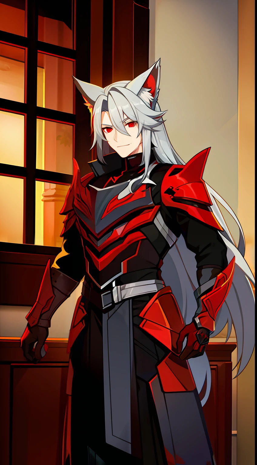 Young guy, long gray hair, red-eyes, brawn, wolf ears, leather armour, smirk, Masterpiece, hiquality