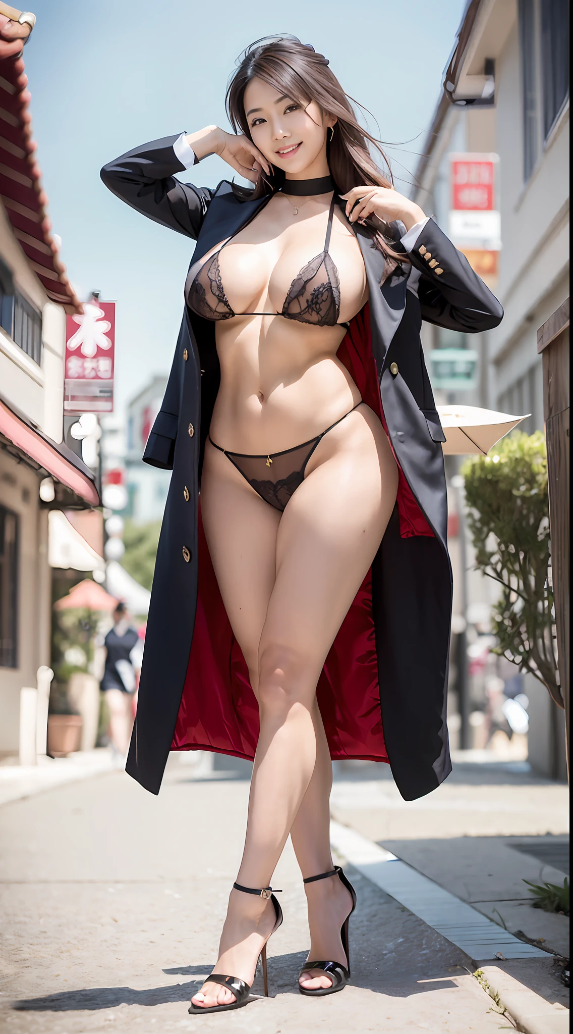 Sexy asian beauty, long hair, suit, open clothes, no lingerie, areola, up, sweet smile, big boobs, dew point、、、, protrusion point, full body, standing, long legs, high heels, realistic style, outdoor ,,,,
