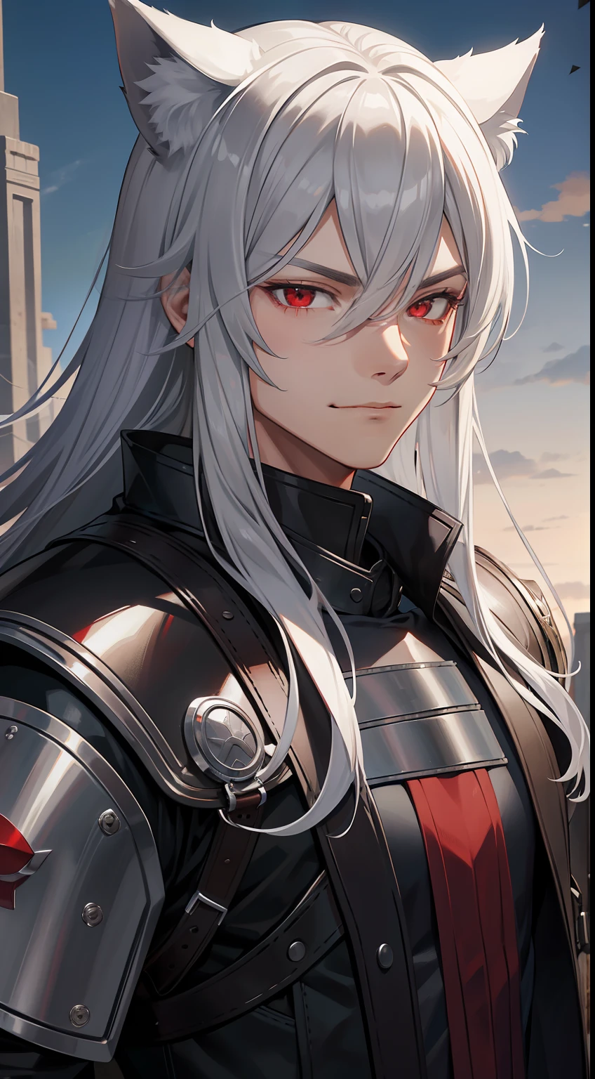 Young guy, long gray hair, red-eyes, brawn, wolf ears, leather armour, smirk, Masterpiece, hiquality