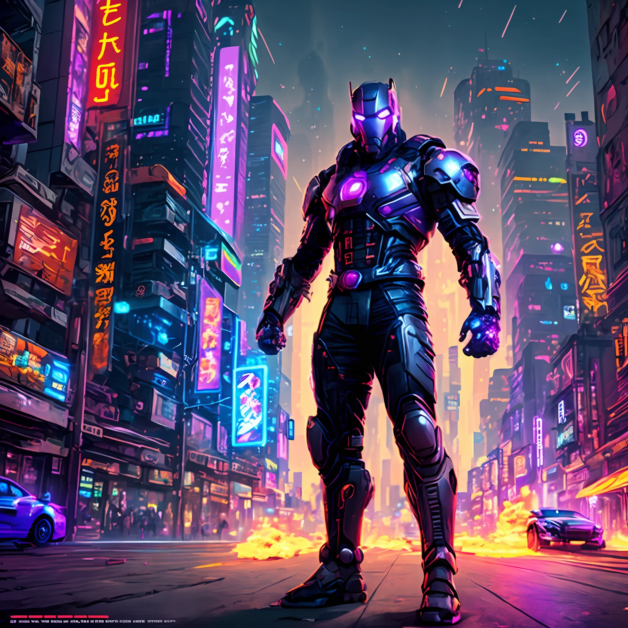 arafed image of a man in a futuristic city with neon lights, cyberpunk iron man, master chief in cyberpunk city, hero pose colorful city lighting, dan mumford. 8 k octane render, cyberpunk art style, cyberpunk with neon lighting, cyberpunk themed art, cyberpunk artstyle, dan mumford. octane render, in a futuristic cyberpunk city, cyberpunk art ultrarealistic 8k