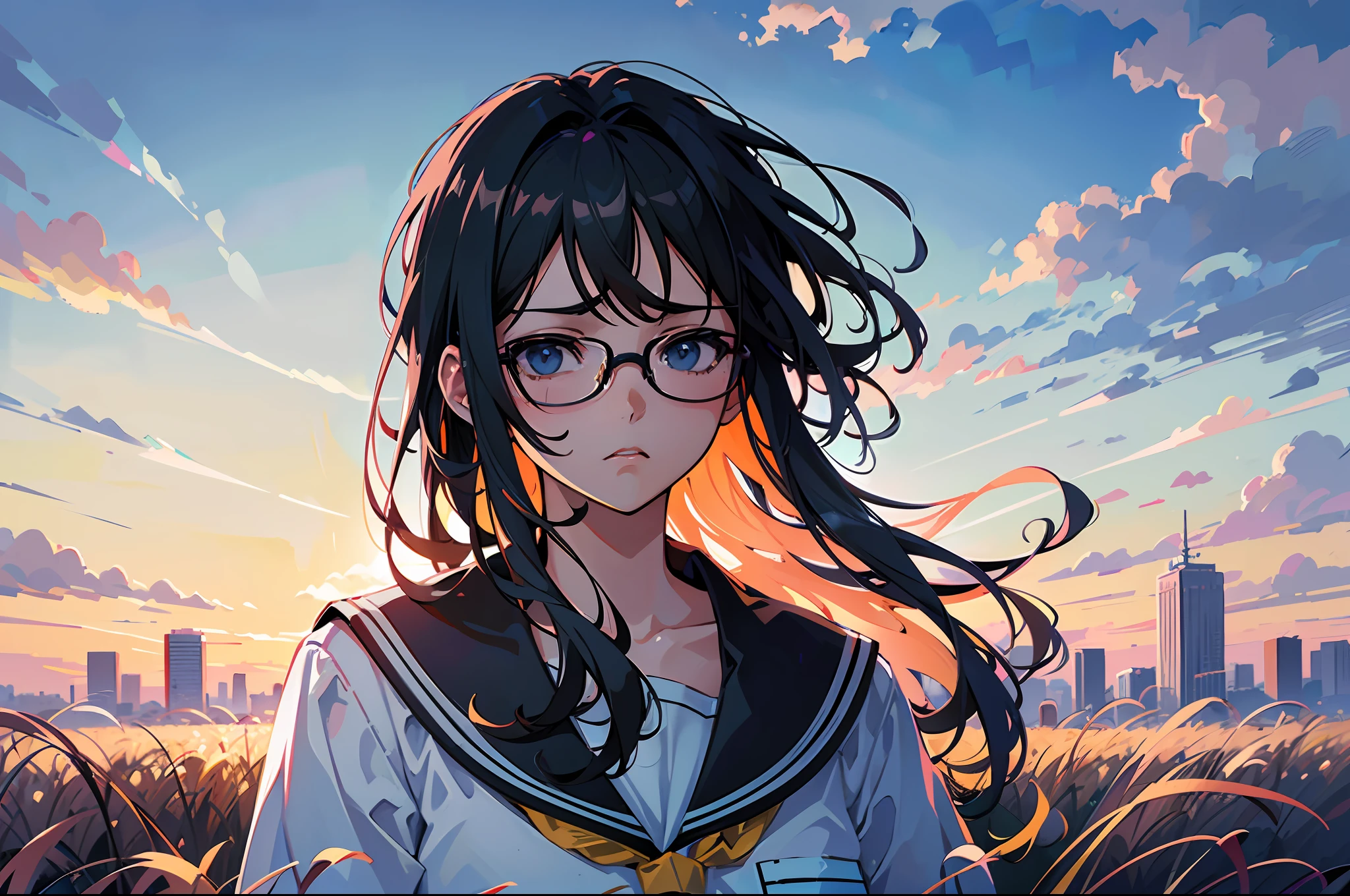 a college girl with glasses laying on wide grass field, whute dyed hair, white shirt, side view, sad face, tired, city scape lofi portrait, digital anime illustration, detailed digital anime art, anime portrait, anime moe artstyle, realistic anime art style, anime realism style, semirealistic anime style, anime character portrait, high quality anime artstyle
