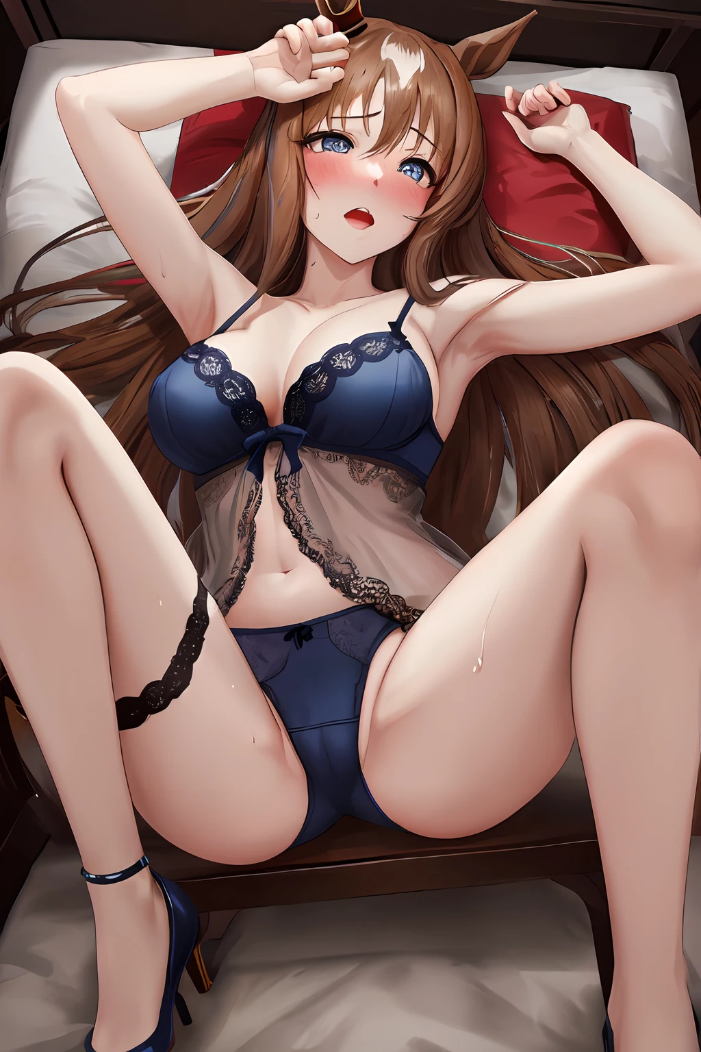 masterpiece, top-quality, 4K,Hi-Res, 1girl in, Marl, Glass Wonder(Umamusume),A tremendous amount of sweat, hair between eye,{{{Normal breasts}}},Bare arms,bare clavicle,Bare neck,brown haired,erotick,embarassed face,Big open mouth,light blue eyes,red blush,{{{Blue lingerie}}},frilld,natta,de pele branca,Vulgarity,{{{laying on back}}},opening legs,Wide-spread legs,Photo from below,{{{Masturbation}}}