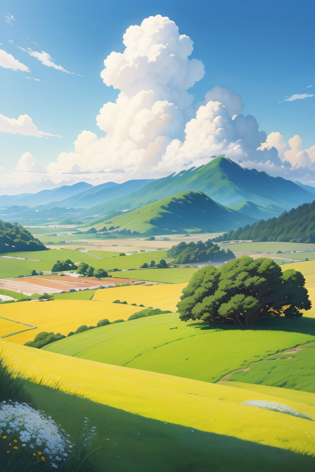 Realistic, authentic, beautiful and amazing landscape oil painting Studio Ghibli Hayao Miyazaki's petal grassland with blue sky and white clouds --v6