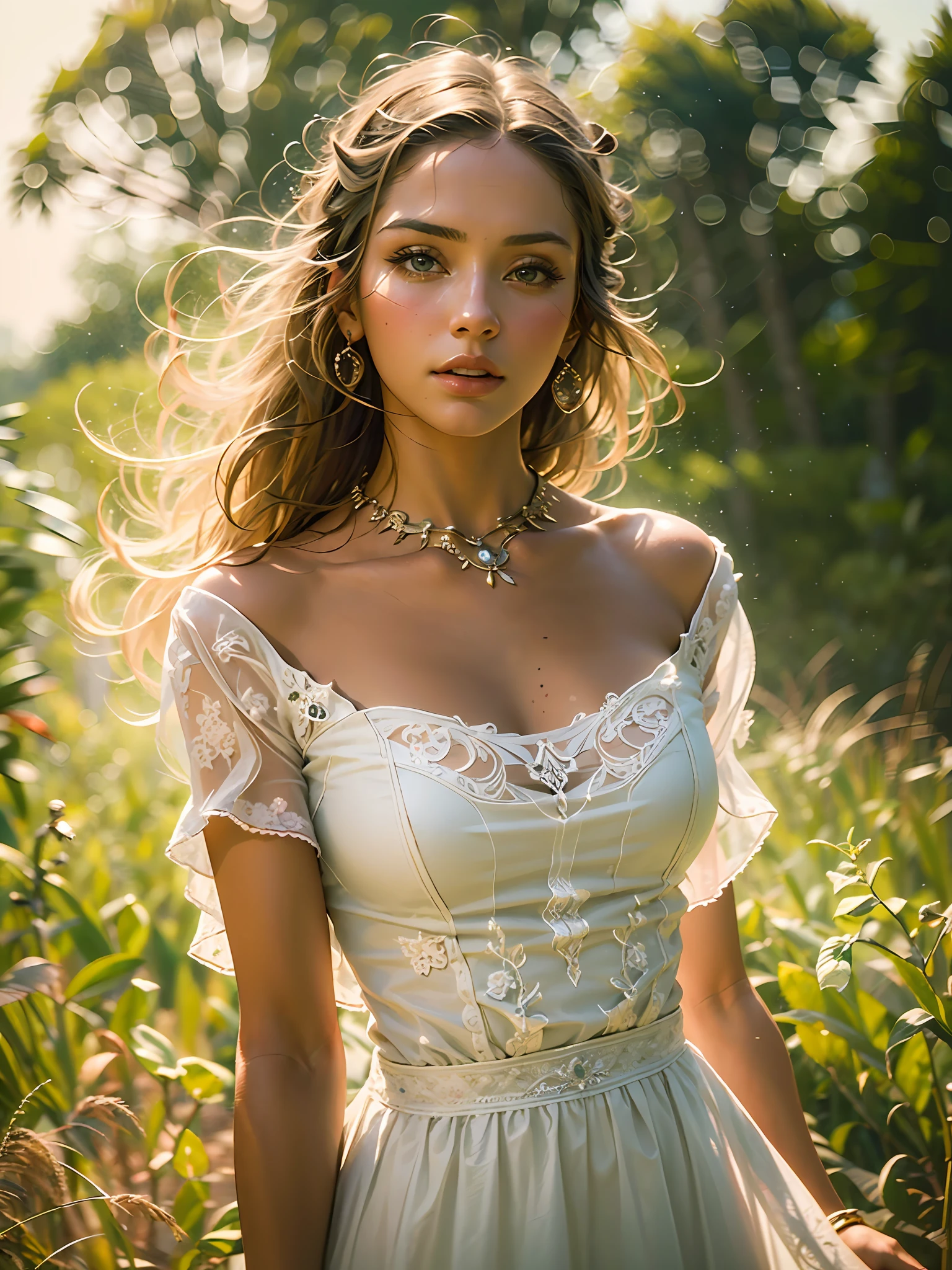 (masterpiece), (best quality), ((ultra-detailed)), (hyperrealistic), (highly detailed photo), cinematic lighting, photorealistic, extremely beautiful young lady in European countryside, intricate detailed white dress, shining, gloss, crisp, flirty, epic, focus, high contrast, artistic