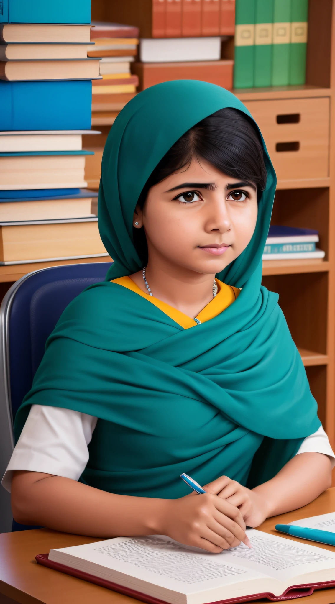 "[Malala trabalhando em seu fundo educacional, uma imagem inspiradora e impactante]"