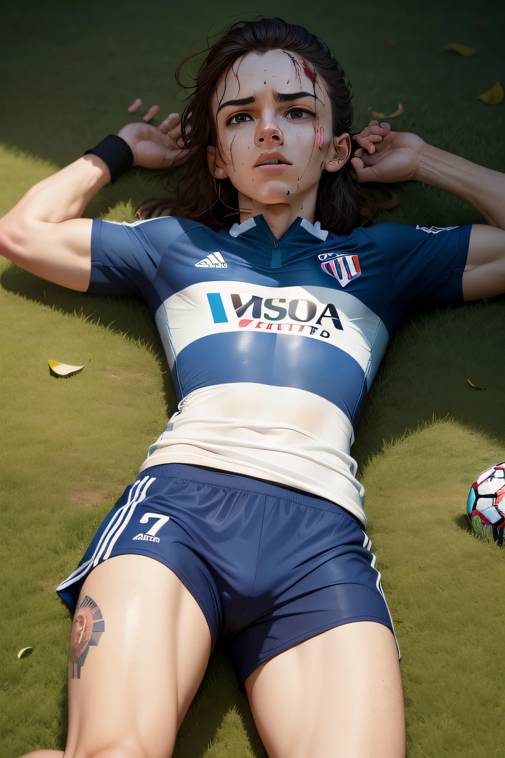 crie uma imagem realista, bem colorida de um atleta, com dor em perna com face de dor,durante uma prova,desafio atletico,num campo