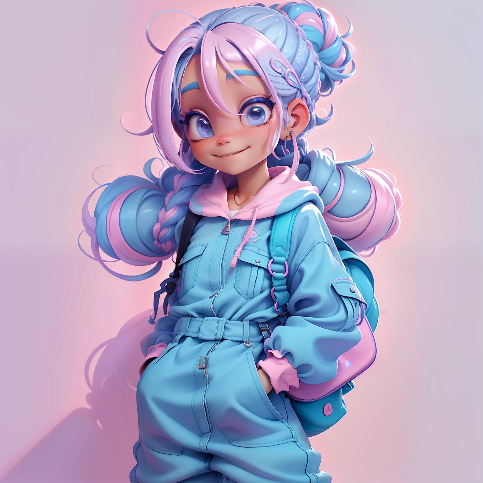 orando rezando, renda delicada, sorrindo e leve, tons claros, livros e mochila, Slime cabelo longo bun estilo de cabelo, blue and lilac, pele clara, cabelo dread's dourados, roupas de jardineiro, pink and detailed jumpsuit, master part, best quality