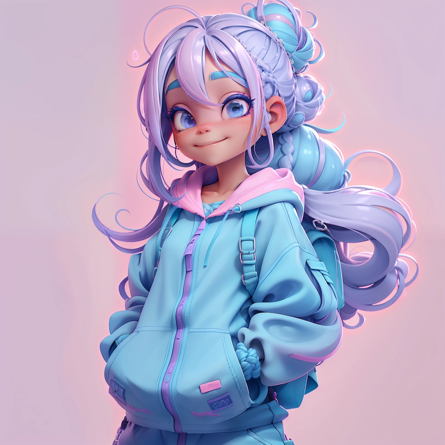 menina orando rezando, renda delicada, sorrindo e leve, tons claros, livros e mochila, Slime cabelo longo bun estilo de cabelo, blue and lilac, pele clara, cabelo dread's dourados, roupas de jardineiro, pink and detailed jumpsuit, master part, best quality