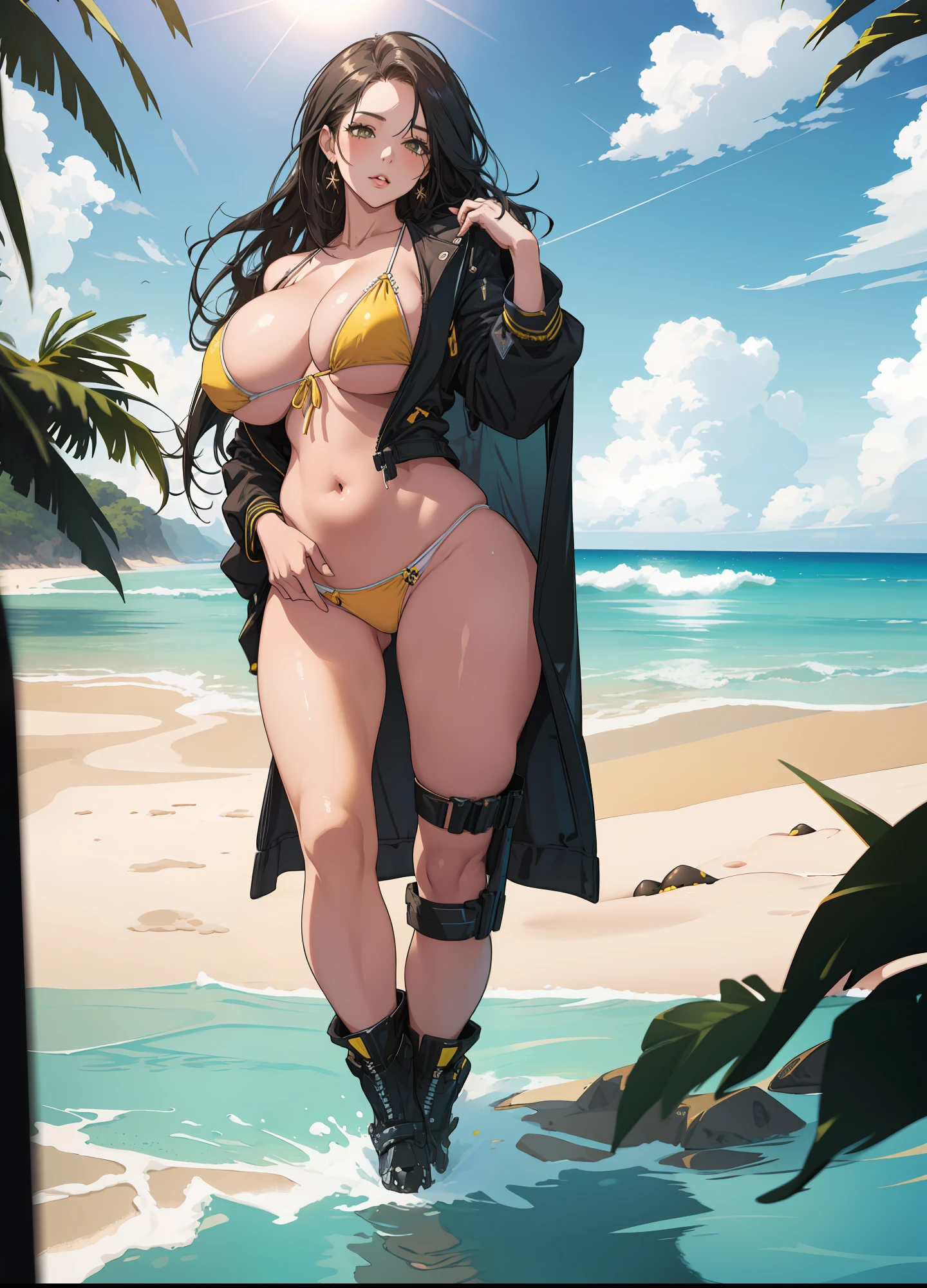 Realistic, high resolution, 1 girl, sexy girl, busty figure, curvy, big boobs, perfect body, wearing a bikini, sexy bikini, thong, black hair, detailed eyes, detailed hair, yellow bikini, ocean, afternoon, thick thighs, highly detailed